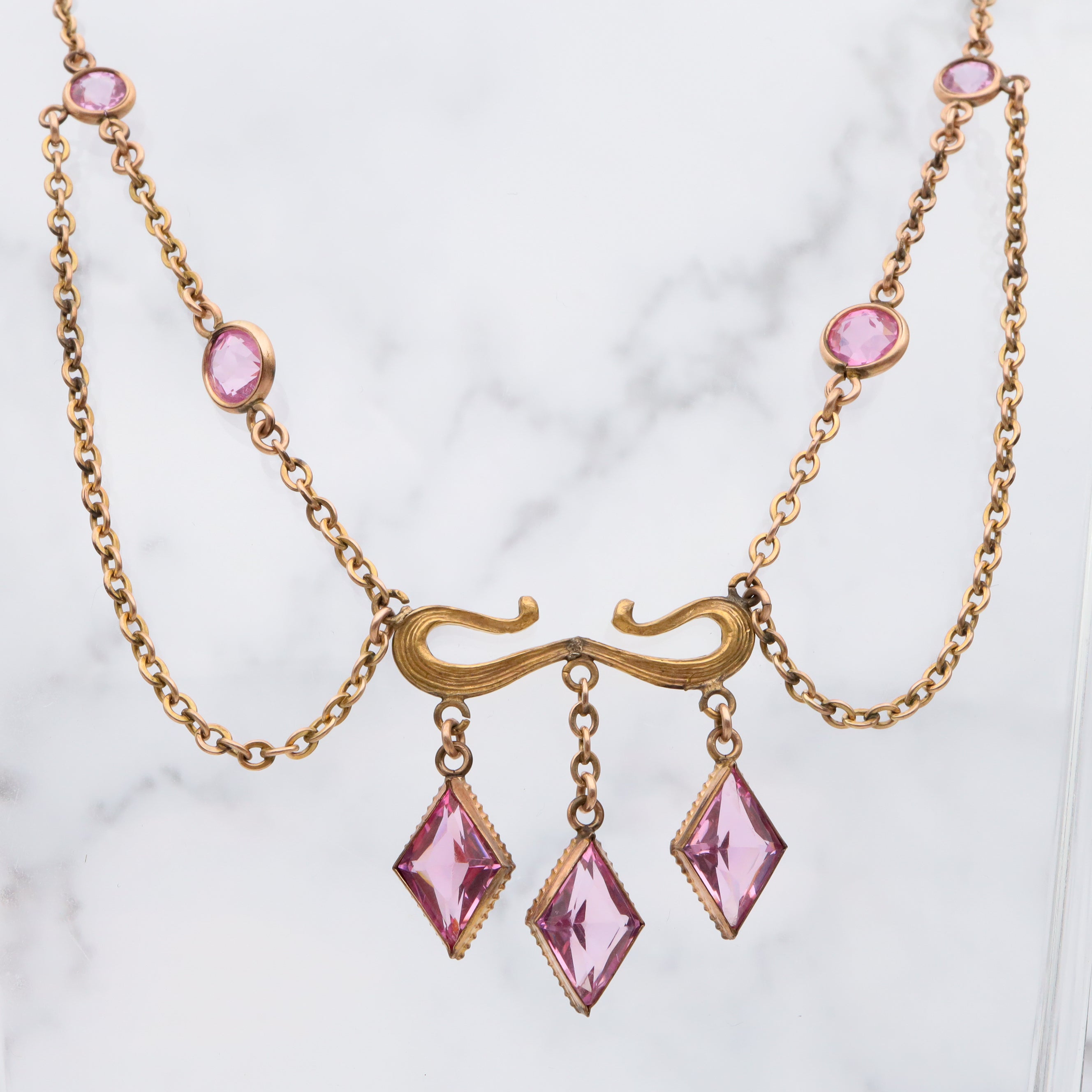 Antique Victorian gold filled pink tourmaline glass festoon necklace, 15.5