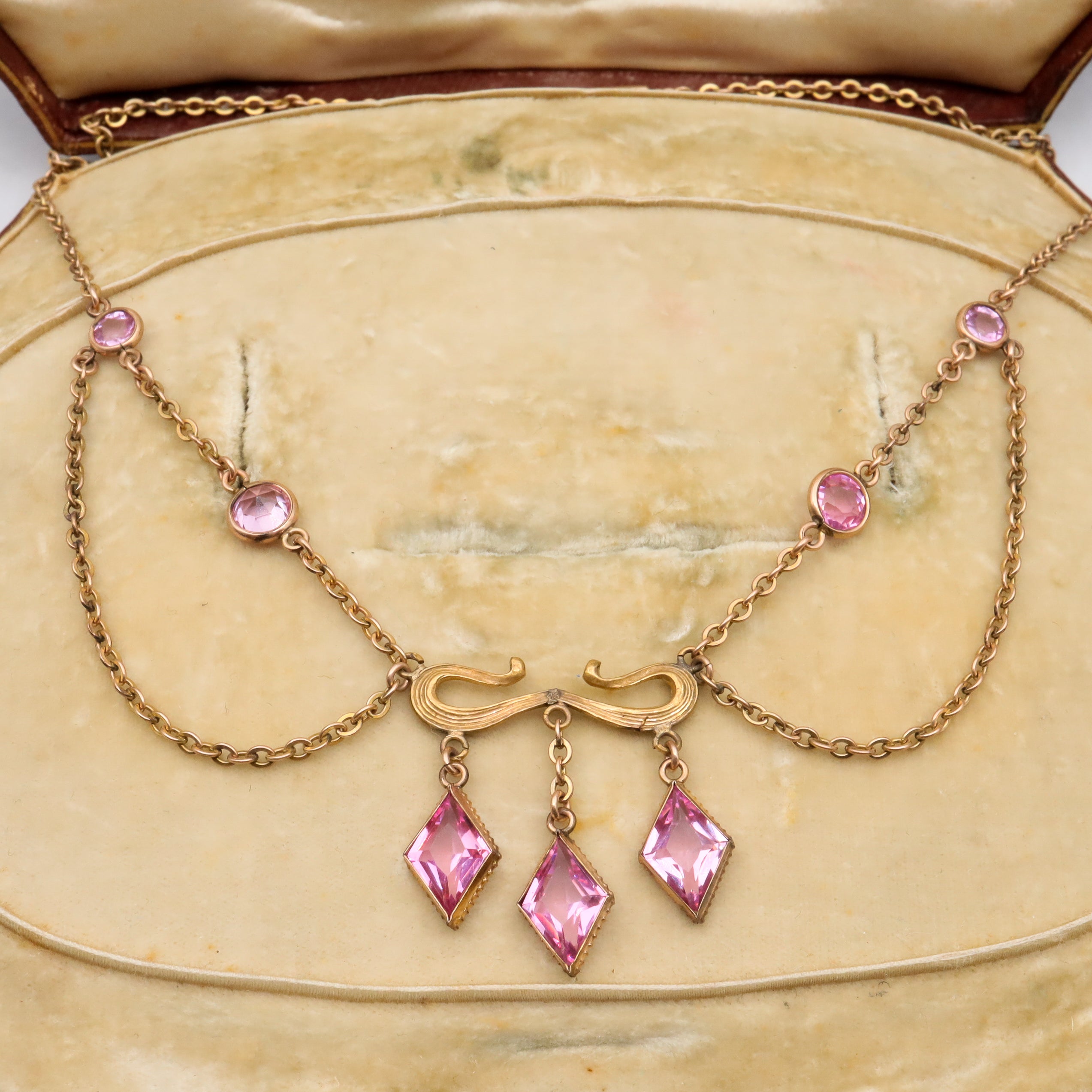 Antique Victorian gold filled pink tourmaline glass festoon necklace, 15.5