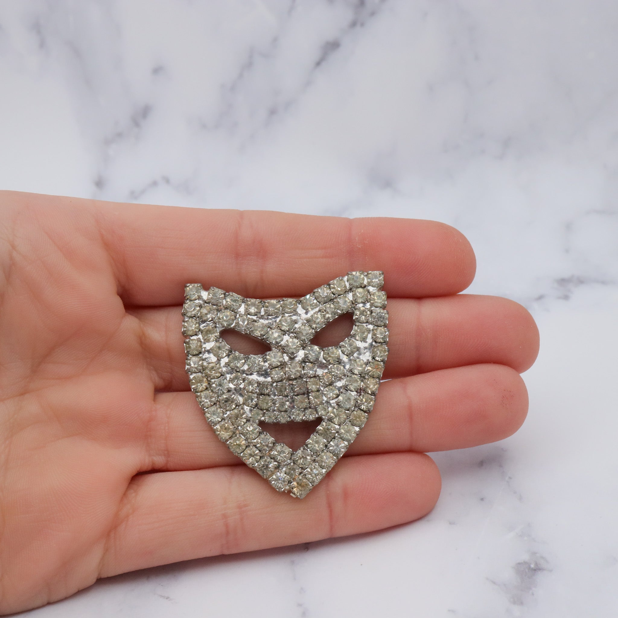 Antique masquerade mask silver tone brooch with rhinestones