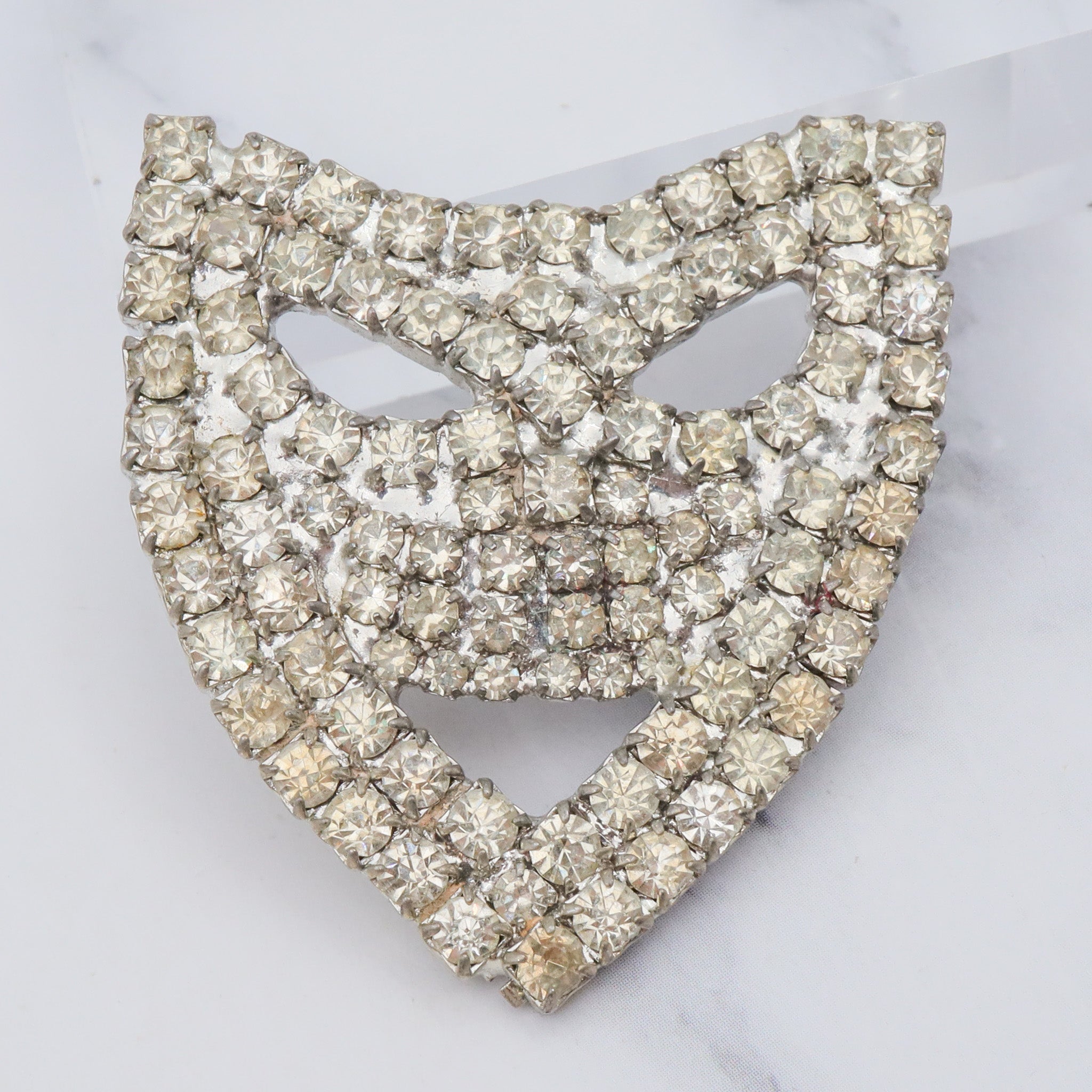 Antique masquerade mask silver tone brooch with rhinestones