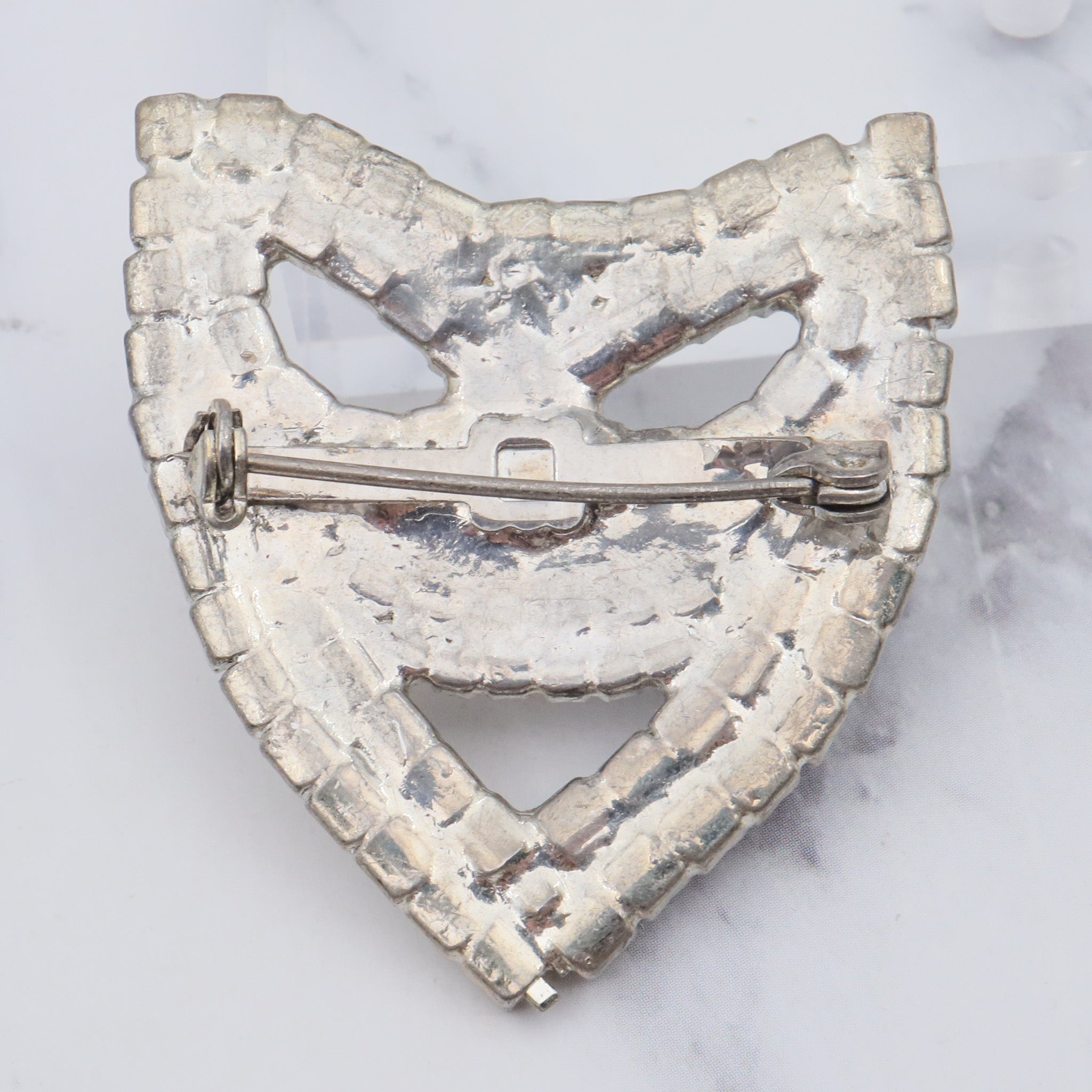 Antique masquerade mask silver tone brooch with rhinestones
