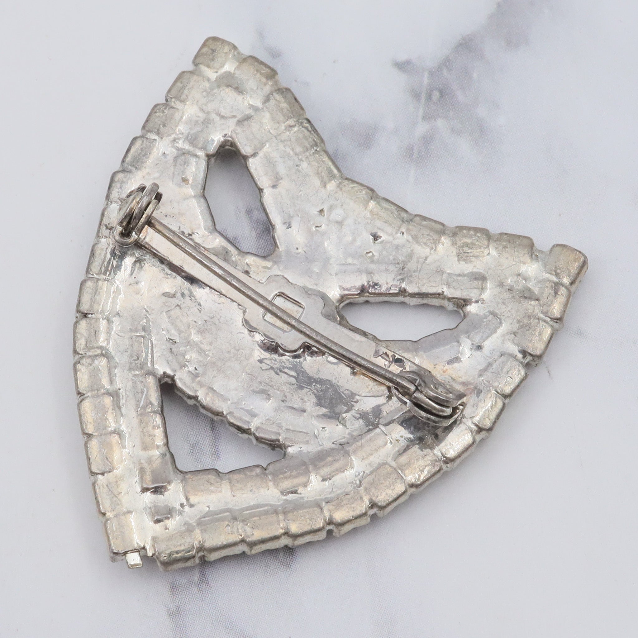 Antique masquerade mask silver tone brooch with rhinestones