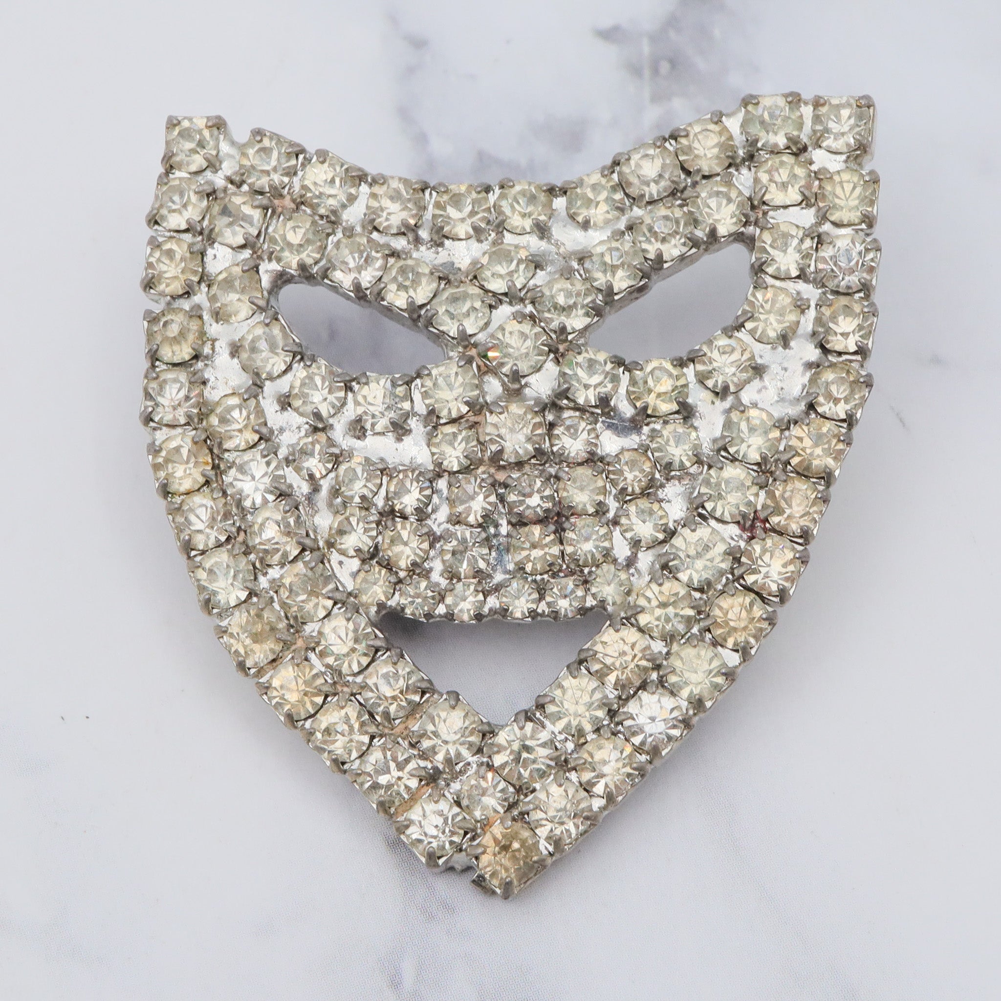 Antique masquerade mask silver tone brooch with rhinestones