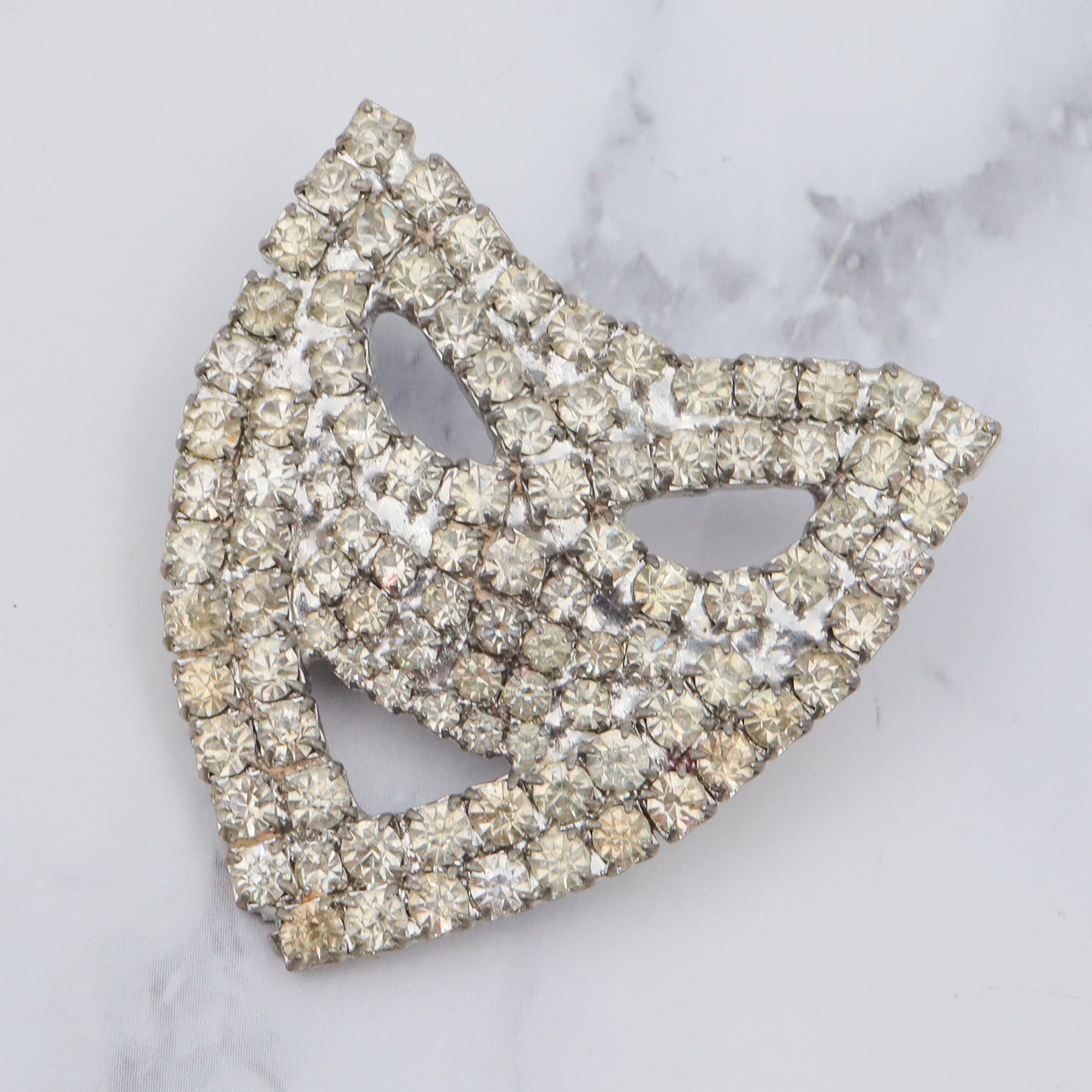 Antique masquerade mask silver tone brooch with rhinestones