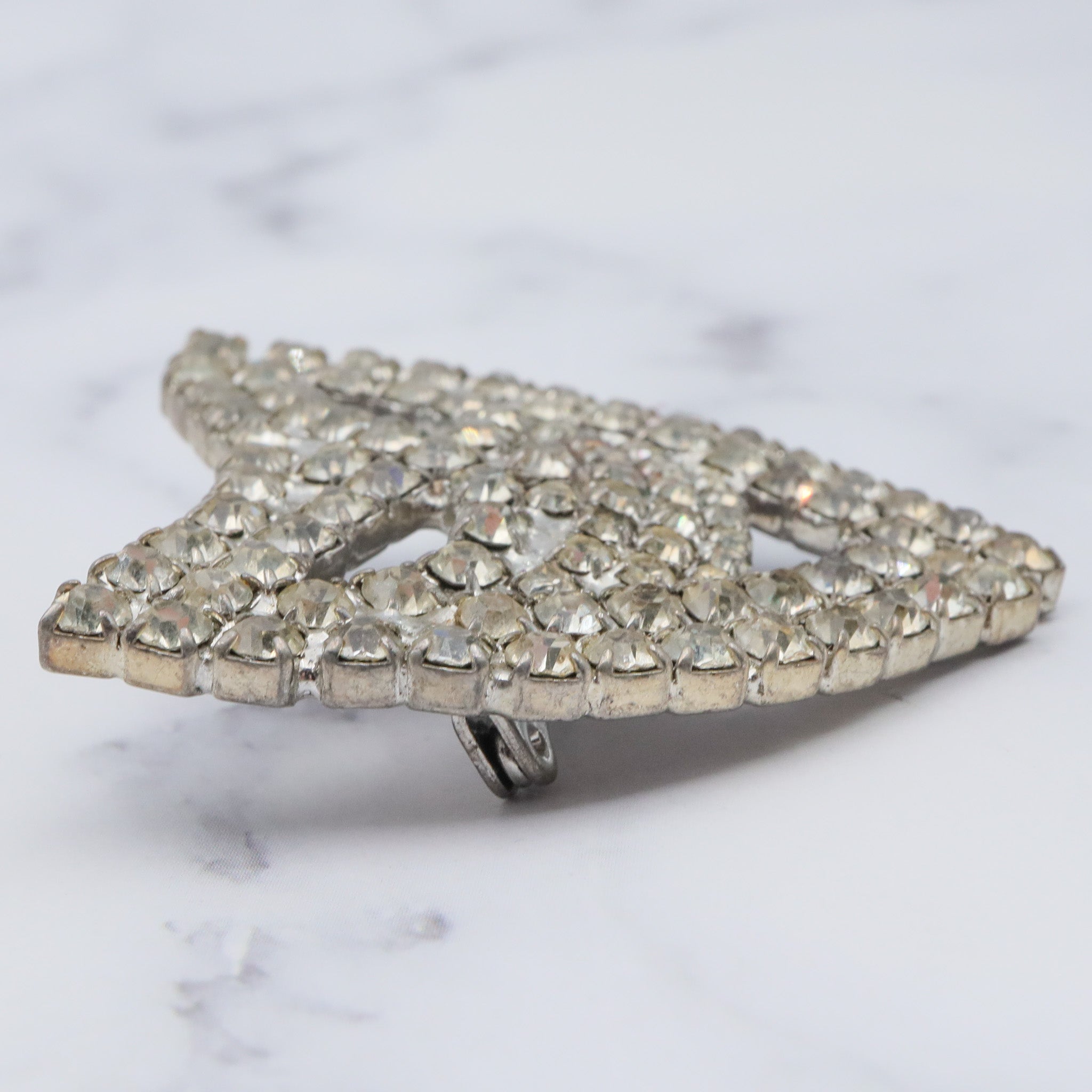 Antique masquerade mask silver tone brooch with rhinestones