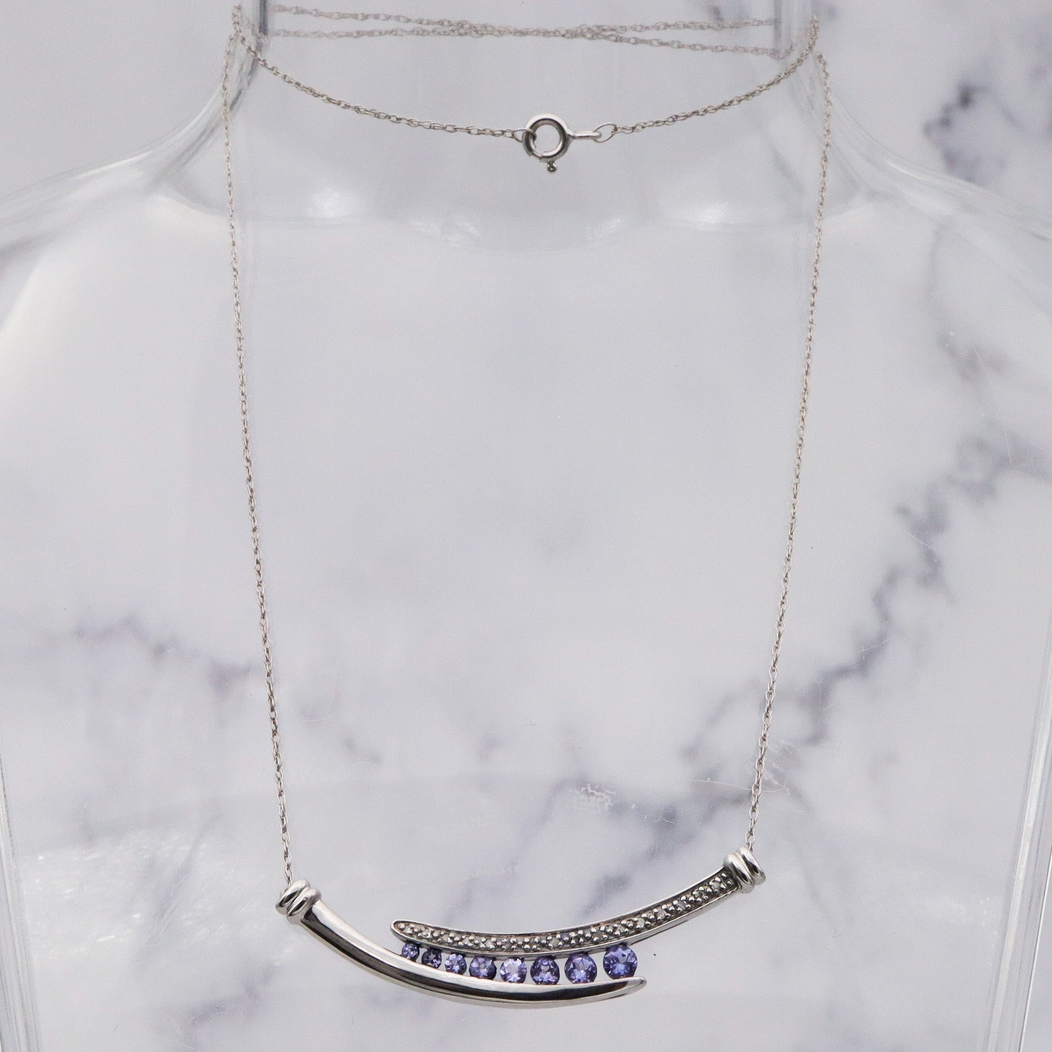 Retro sterling silver tanzanite & diamond pendant necklace