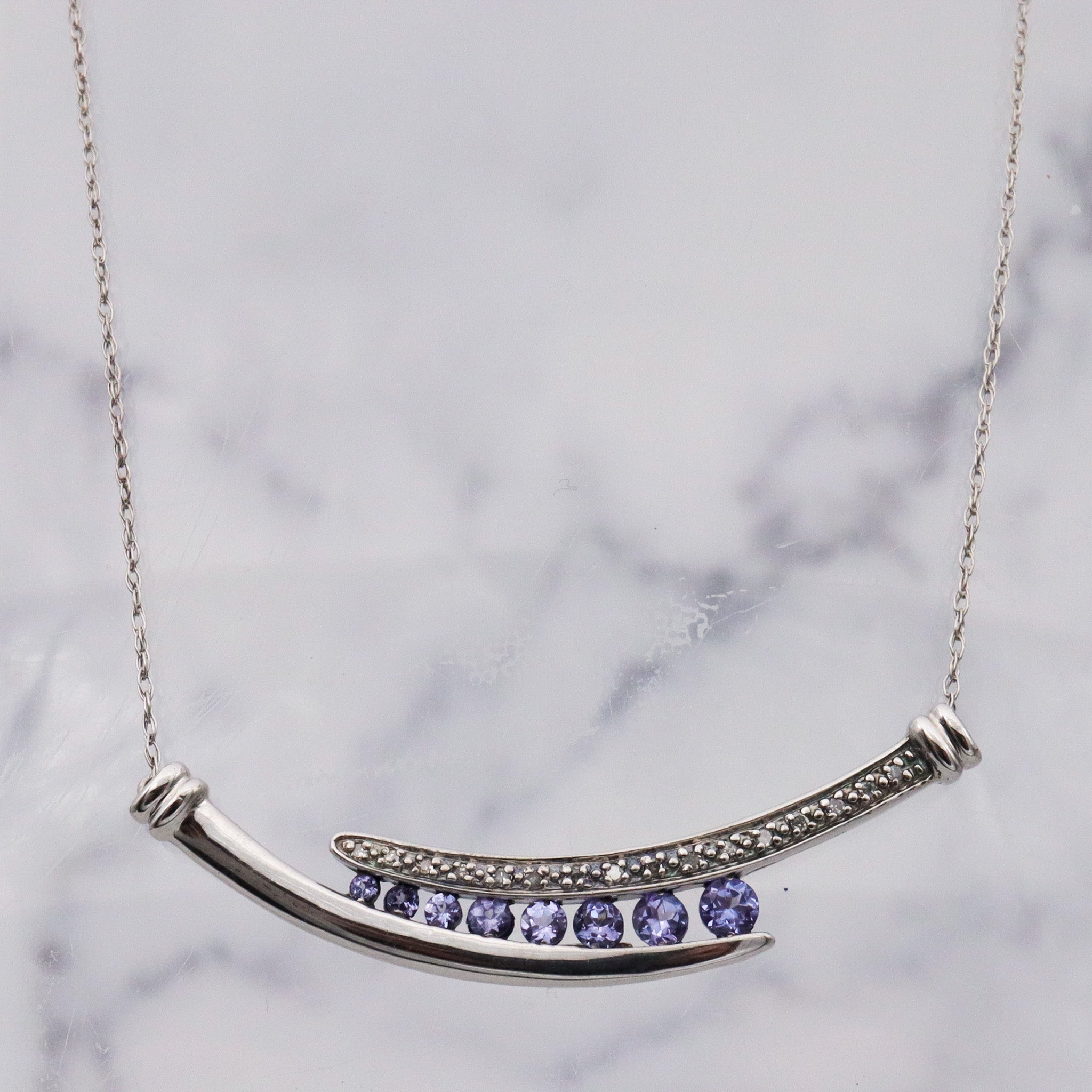 Retro sterling silver tanzanite & diamond pendant necklace