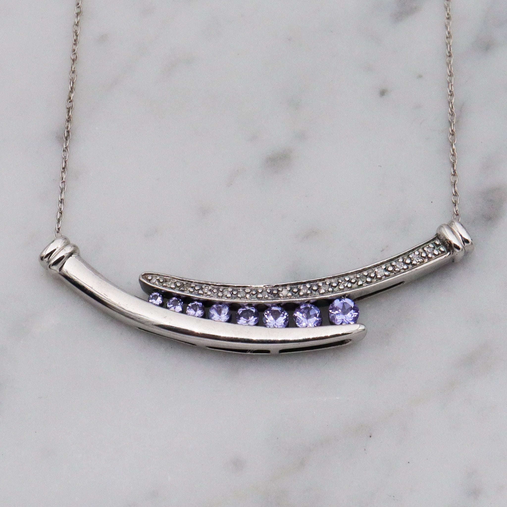 Retro sterling silver tanzanite & diamond pendant necklace