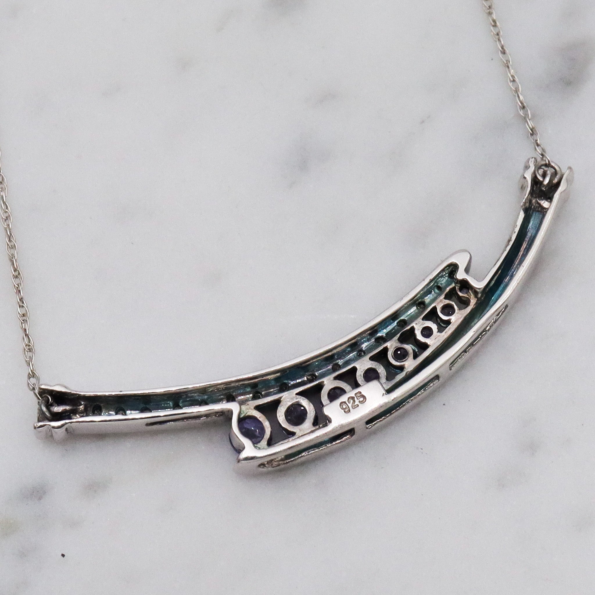 Retro sterling silver tanzanite & diamond pendant necklace