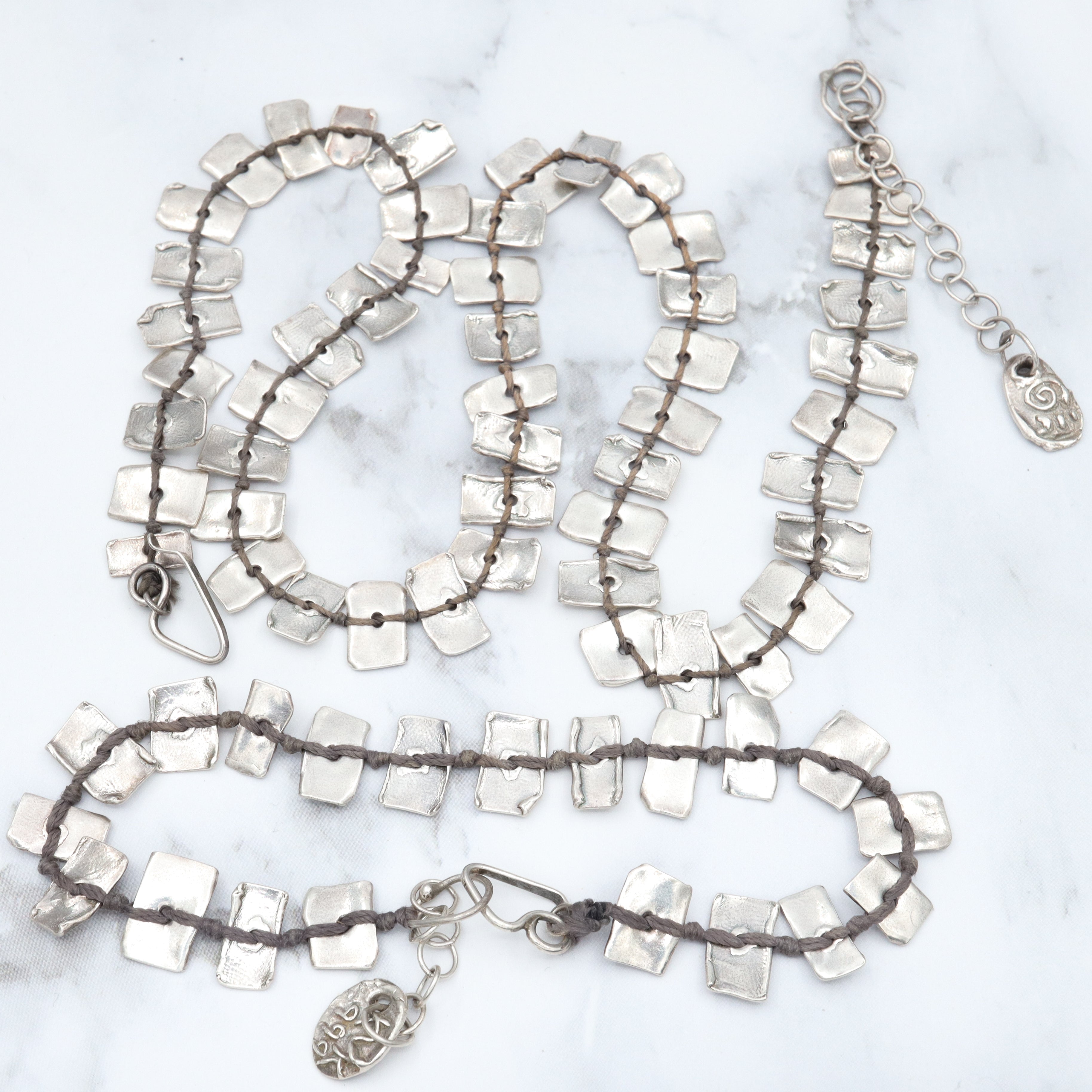 Vintage handmade KVK .999 fine silver on black thread panel bead necklace & bracelet set