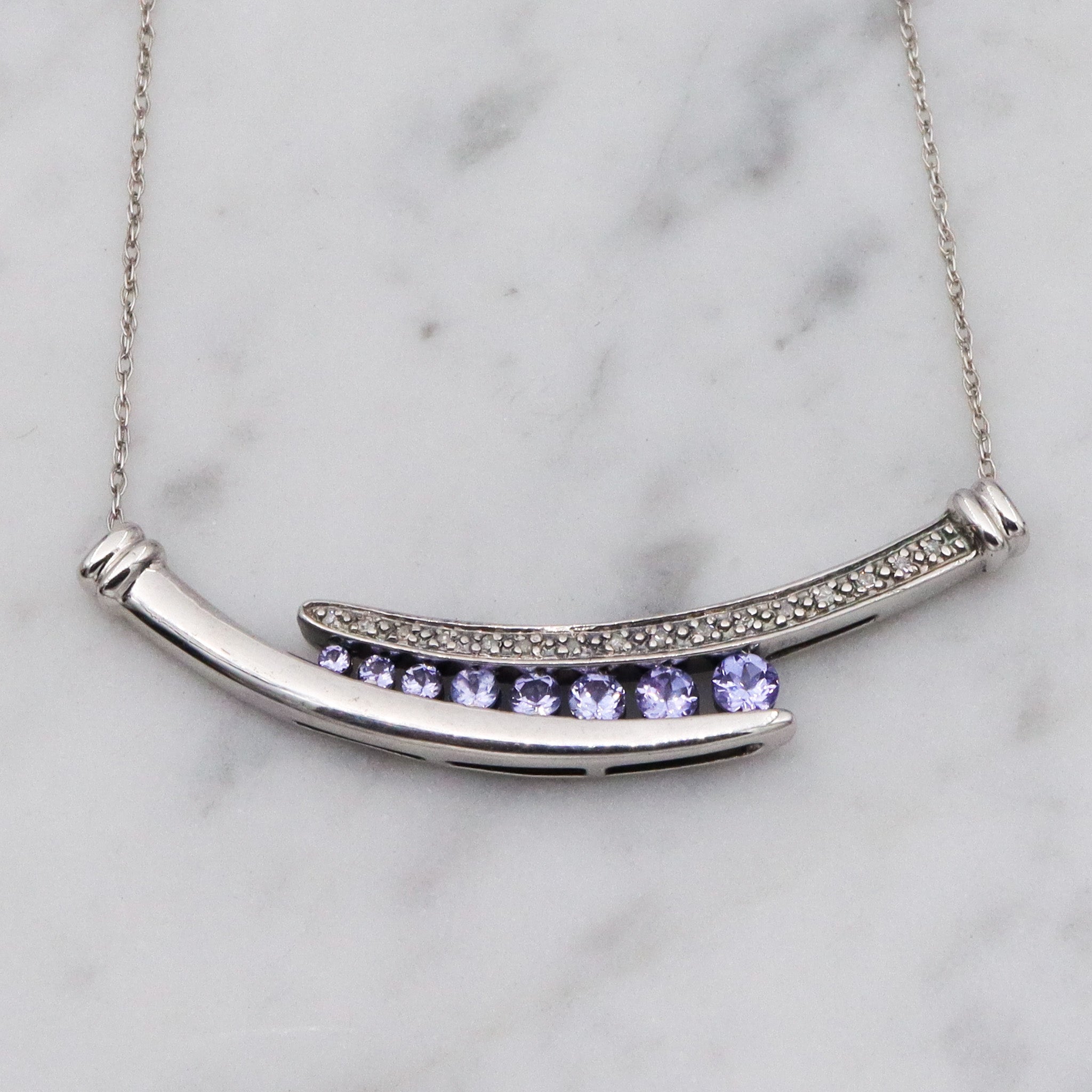 Retro sterling silver tanzanite & diamond pendant necklace