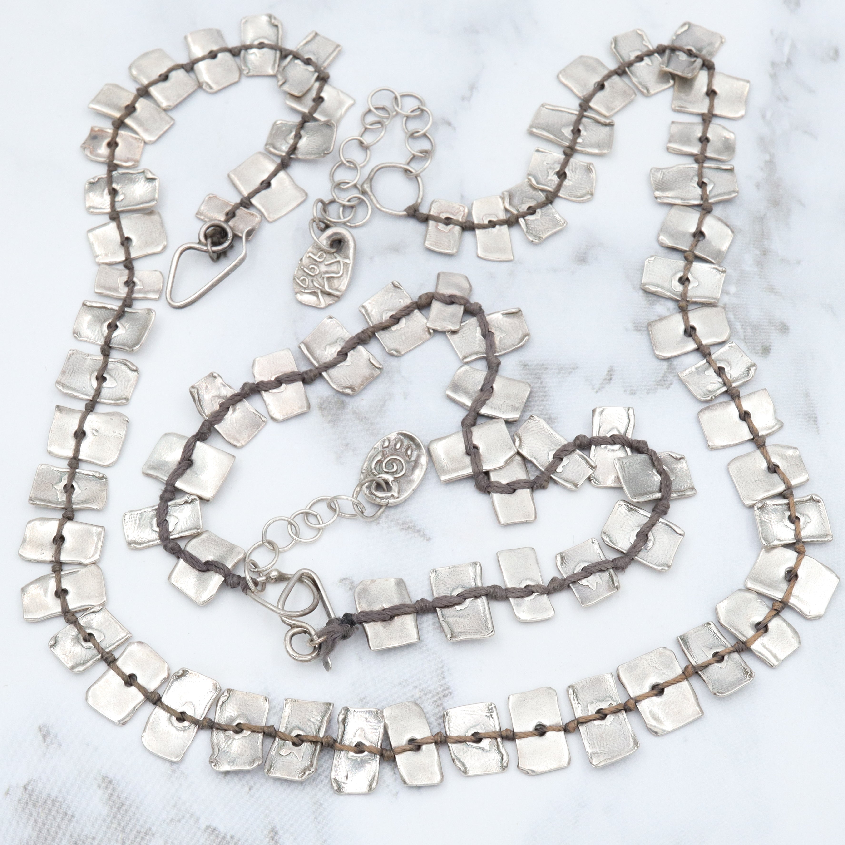 Vintage handmade KVK .999 fine silver on black thread panel bead necklace & bracelet set