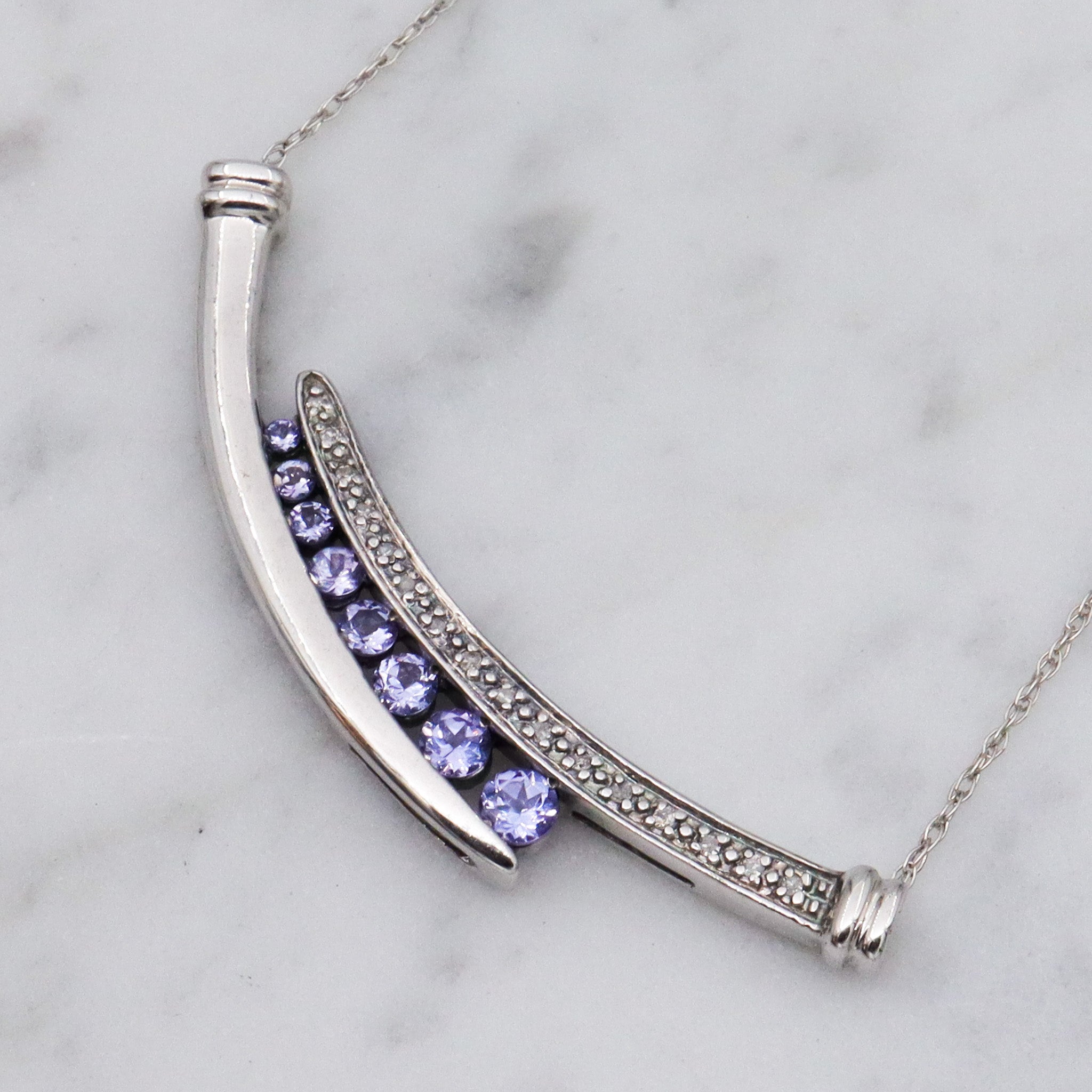 Retro sterling silver tanzanite & diamond pendant necklace
