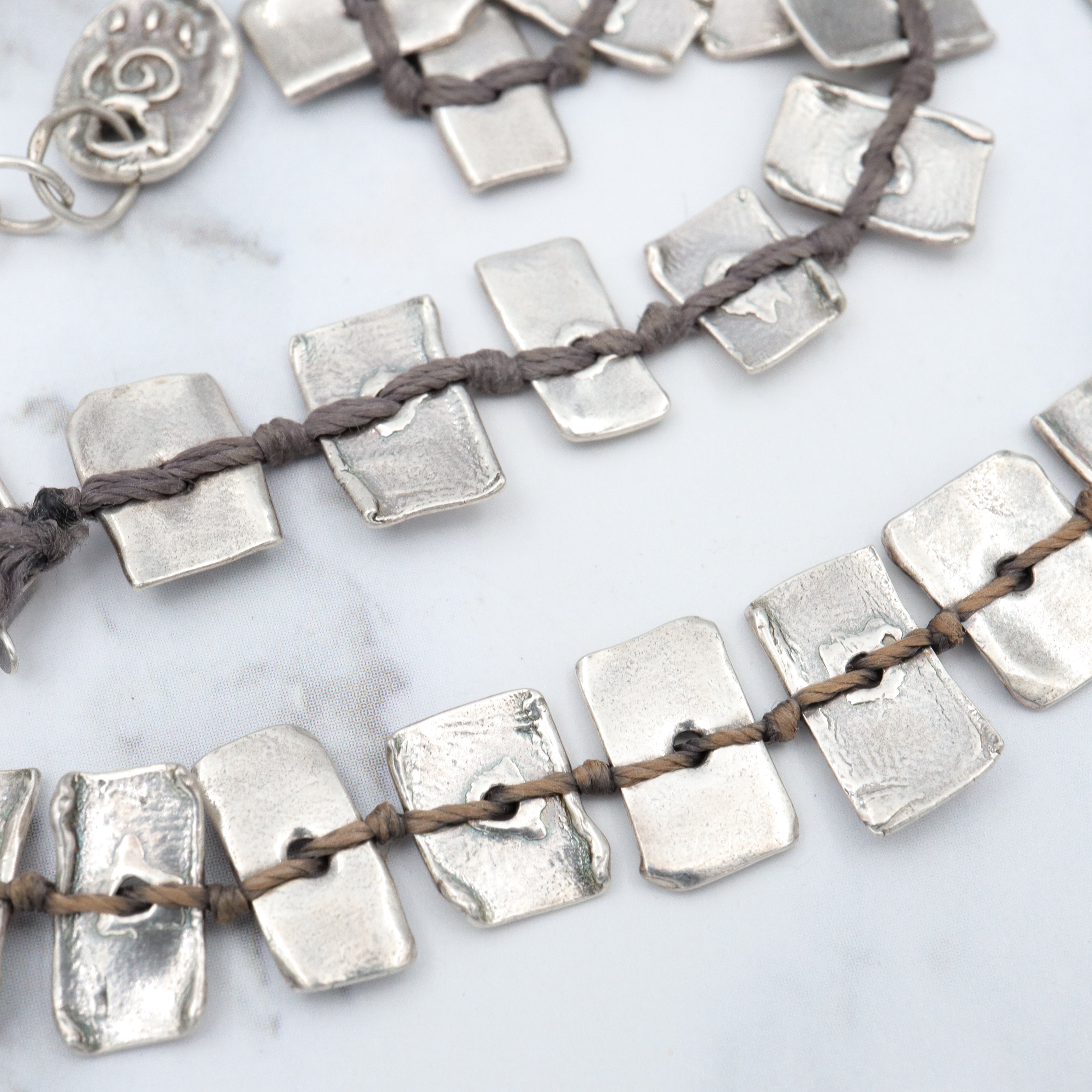 Vintage handmade KVK .999 fine silver on black thread panel bead necklace & bracelet set