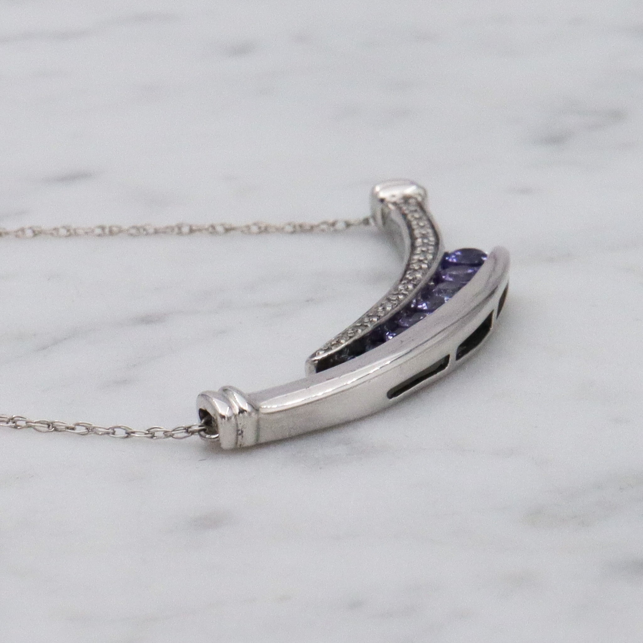 Retro sterling silver tanzanite & diamond pendant necklace