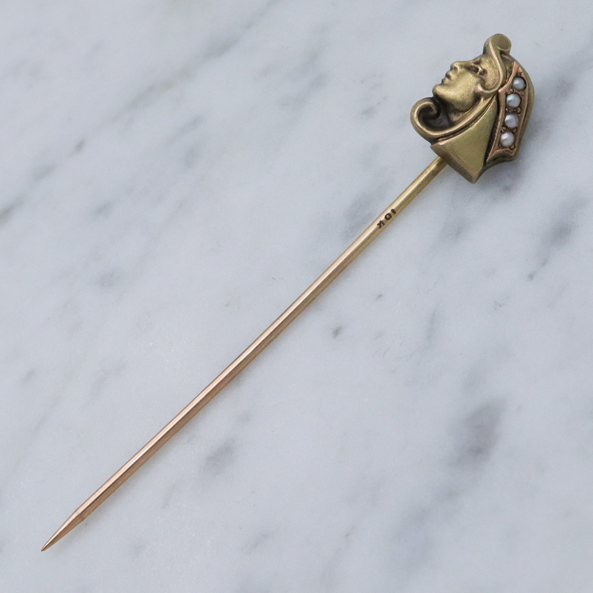 Antique Egyptian Revival goddess 10k gold stick pin