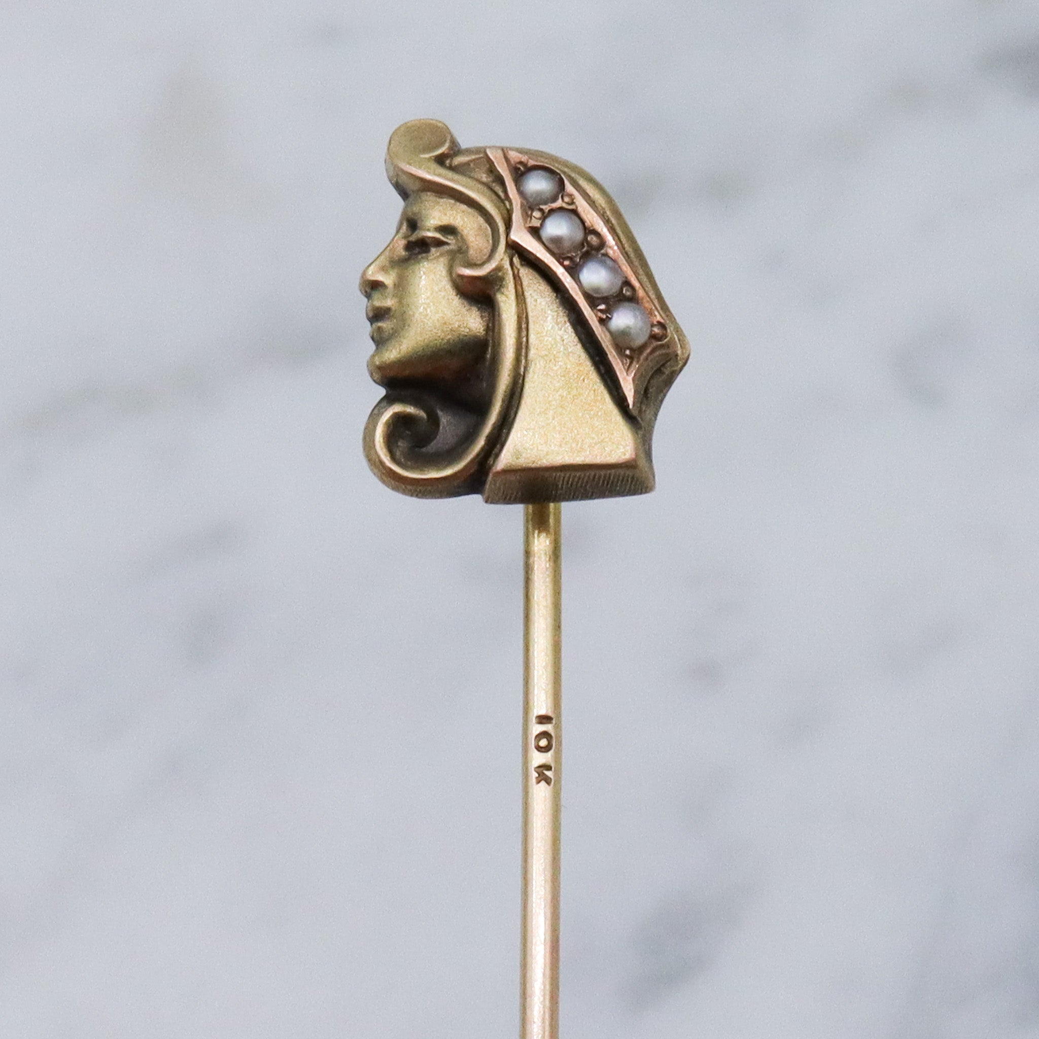 Antique Egyptian Revival goddess 10k gold stick pin