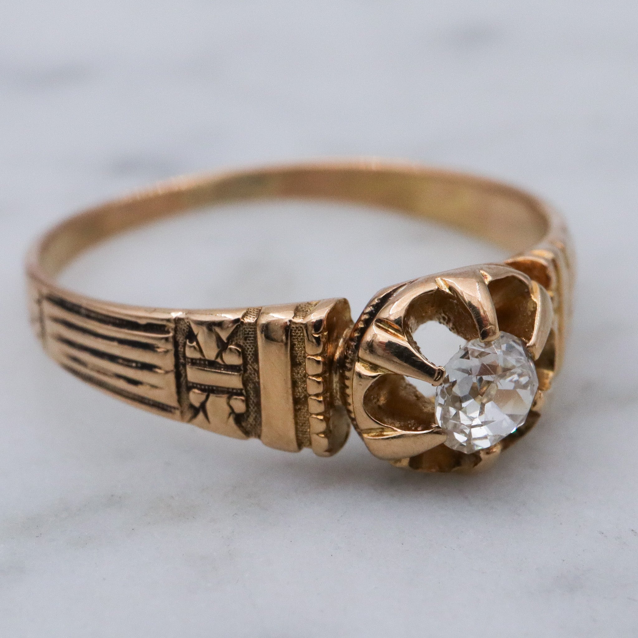 Antique Victorian 18k gold old mine cut diamond solitaire ring, sz. 6.75