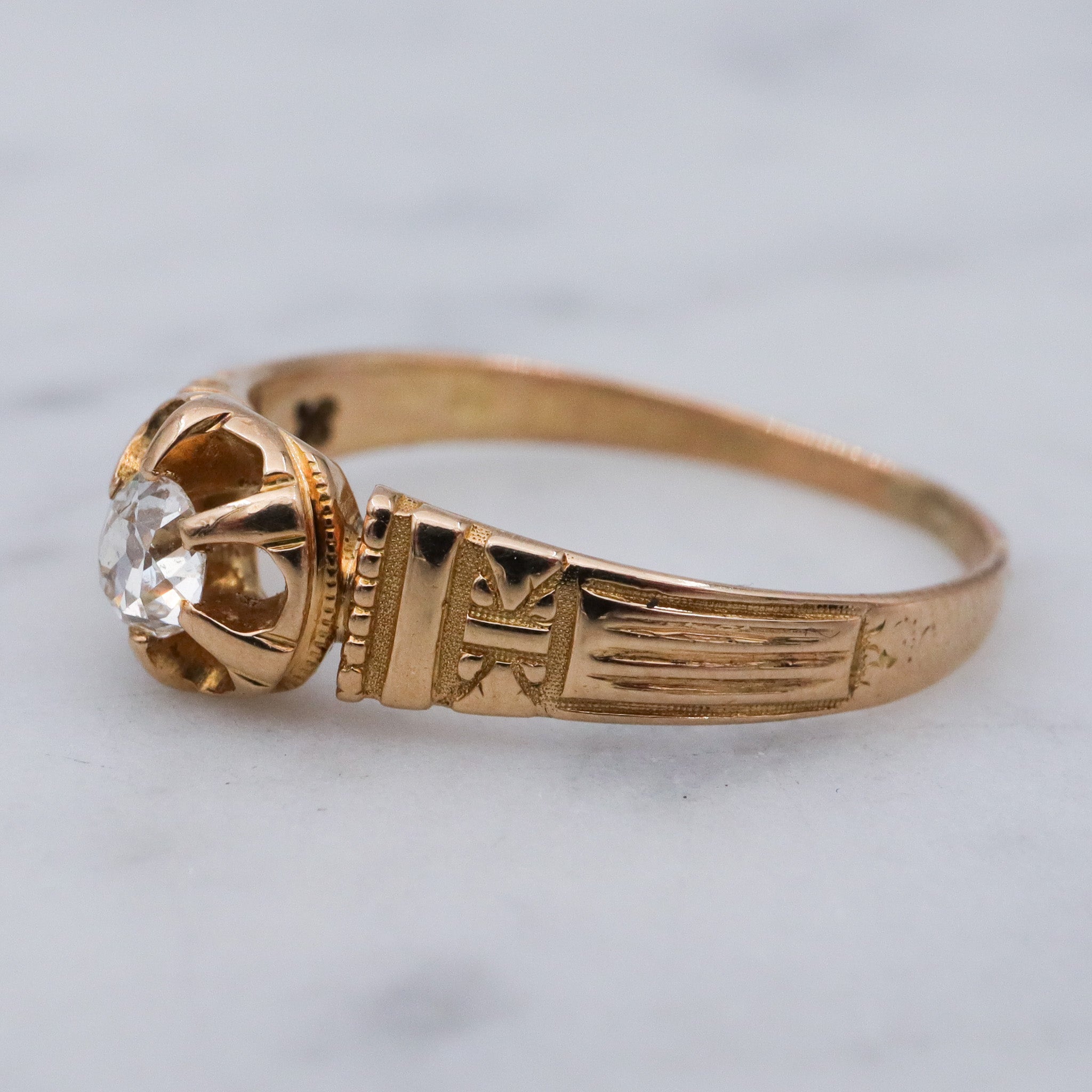 Antique Victorian 18k gold old mine cut diamond solitaire ring, sz. 6.75