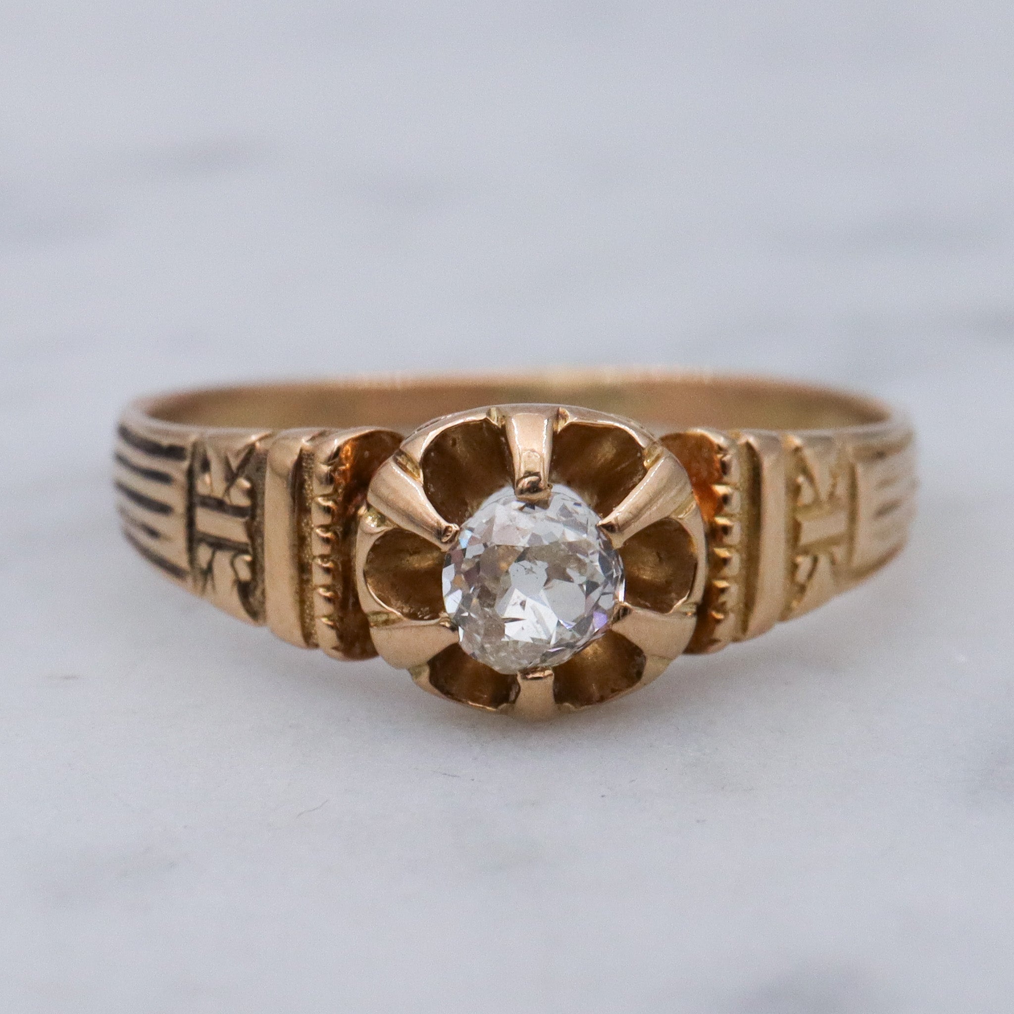 Antique Victorian 18k gold old mine cut diamond solitaire ring, sz. 6.75