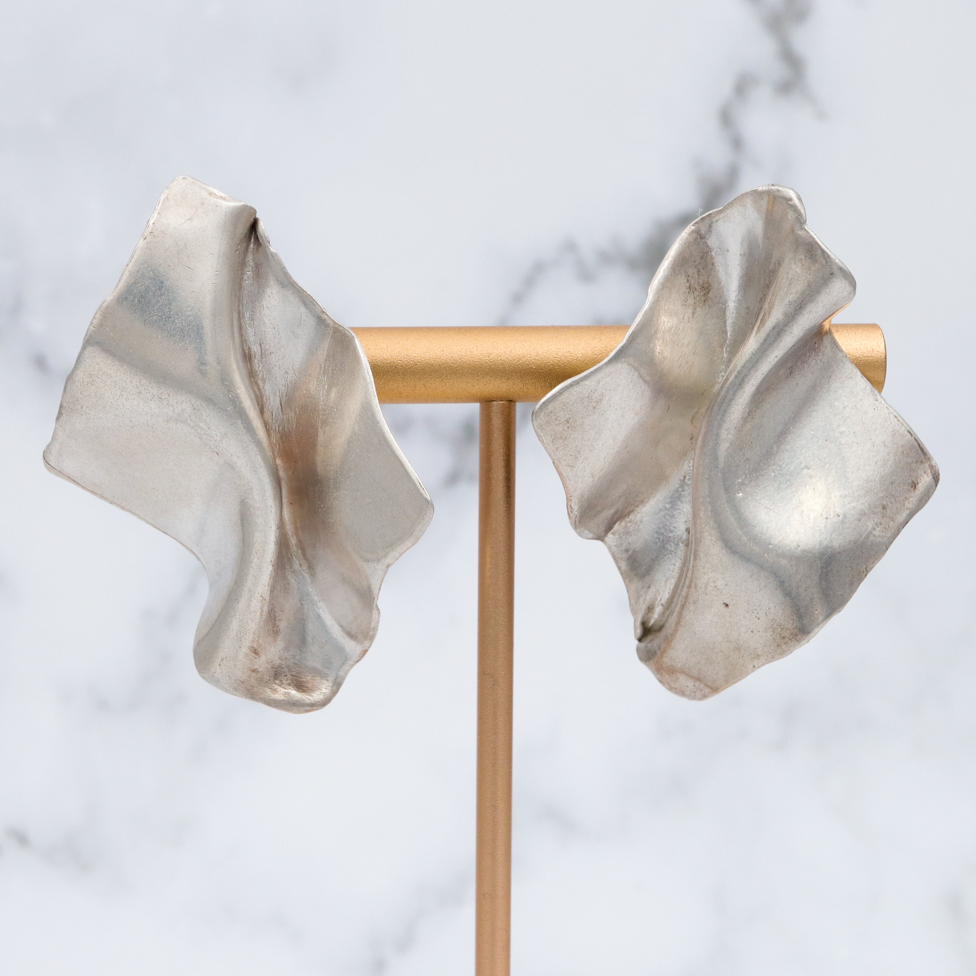 Vintage Modernist handmade sterling trompe l'oeil earrings with 14k gold posts