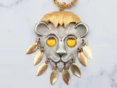 Vintage Napier silver tone and gold plated cute lion with citrine glass eyes and gold plated chain necklace 20