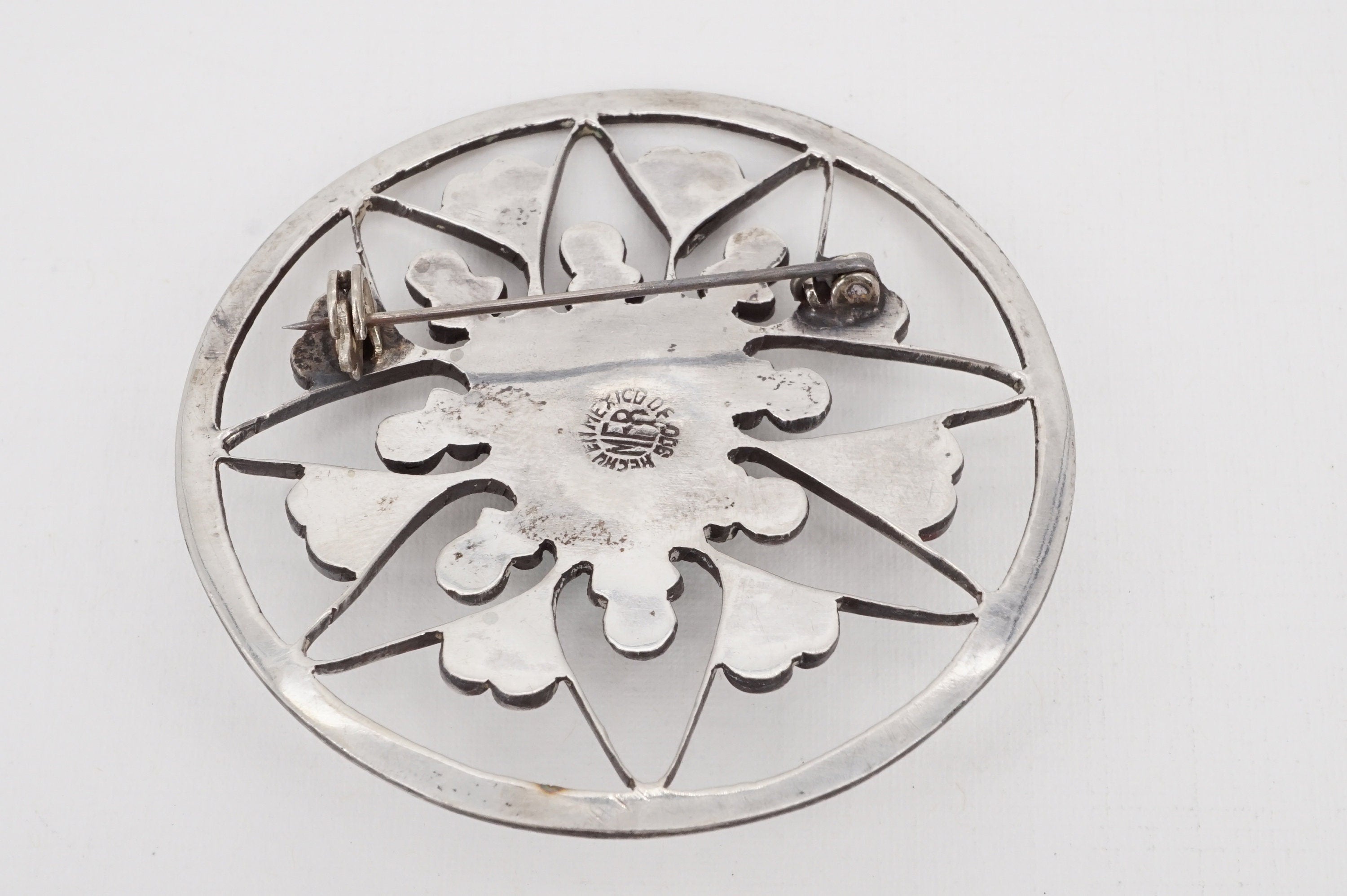 vintage mexican sterling silver green onyx aztec mask medallion brooch