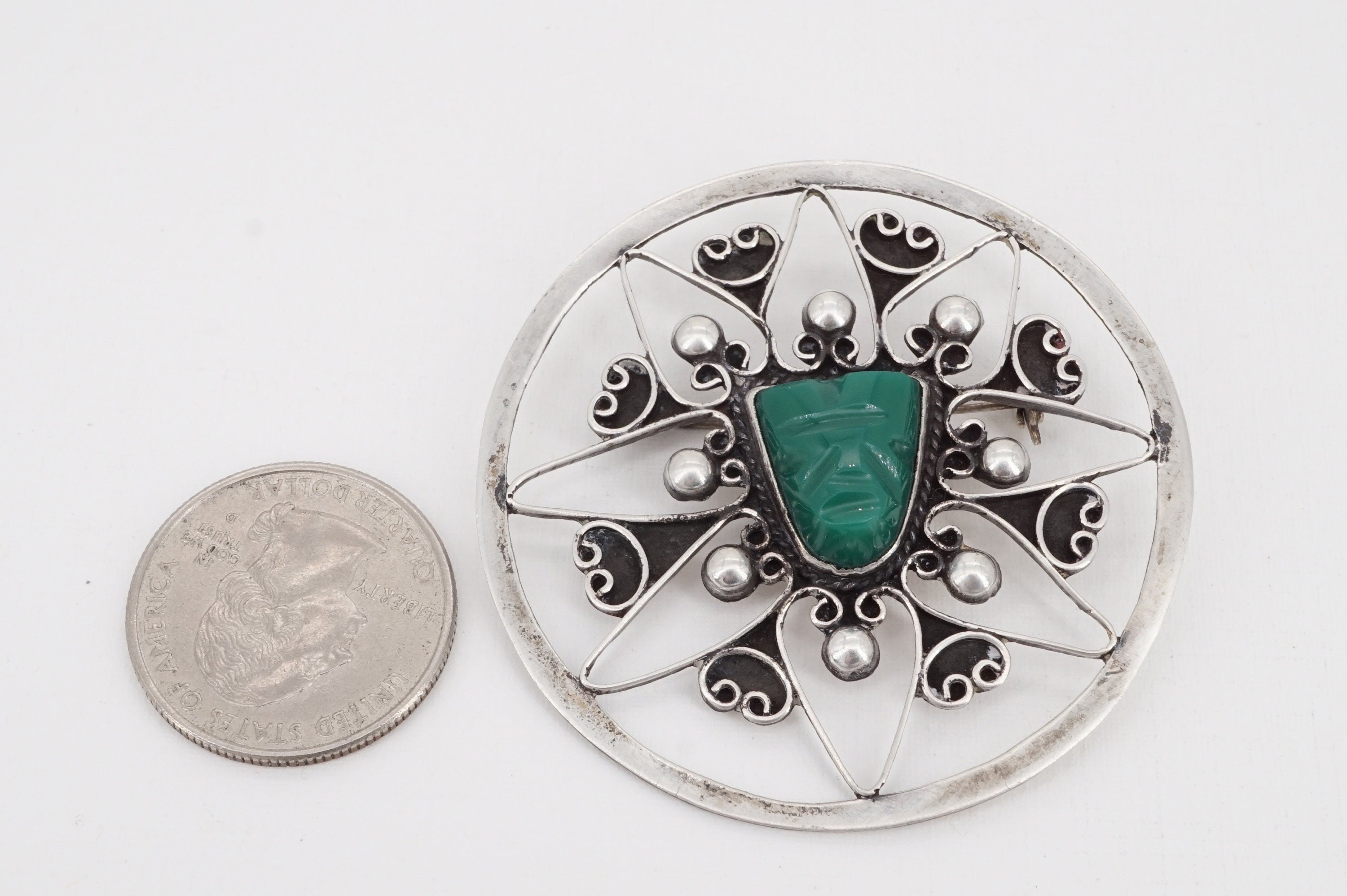 vintage mexican sterling silver green onyx aztec mask medallion brooch