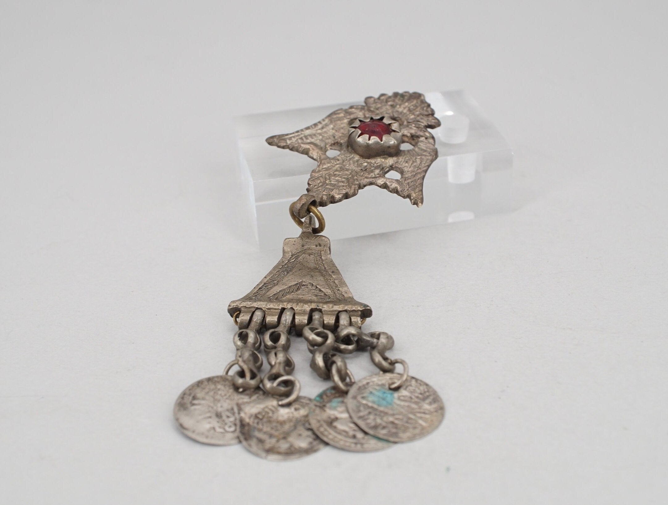 Antique Tribal Afghan Silver and Glass Pin