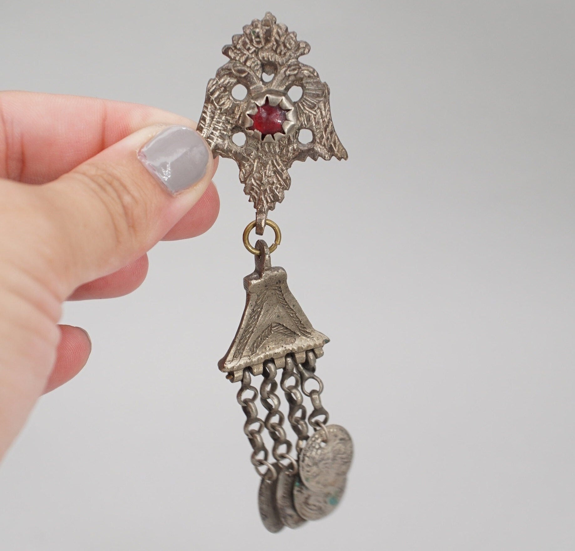 Antique Tribal Afghan Silver and Glass Pin