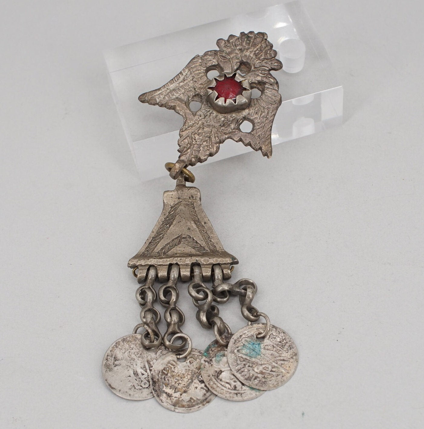 Antique Tribal Afghan Silver and Glass Pin