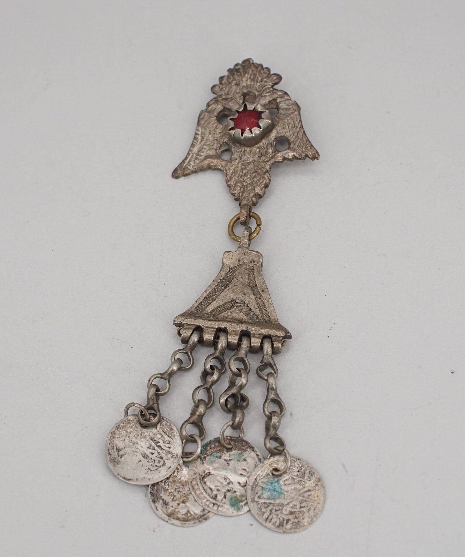 Antique Tribal Afghan Silver and Glass Pin