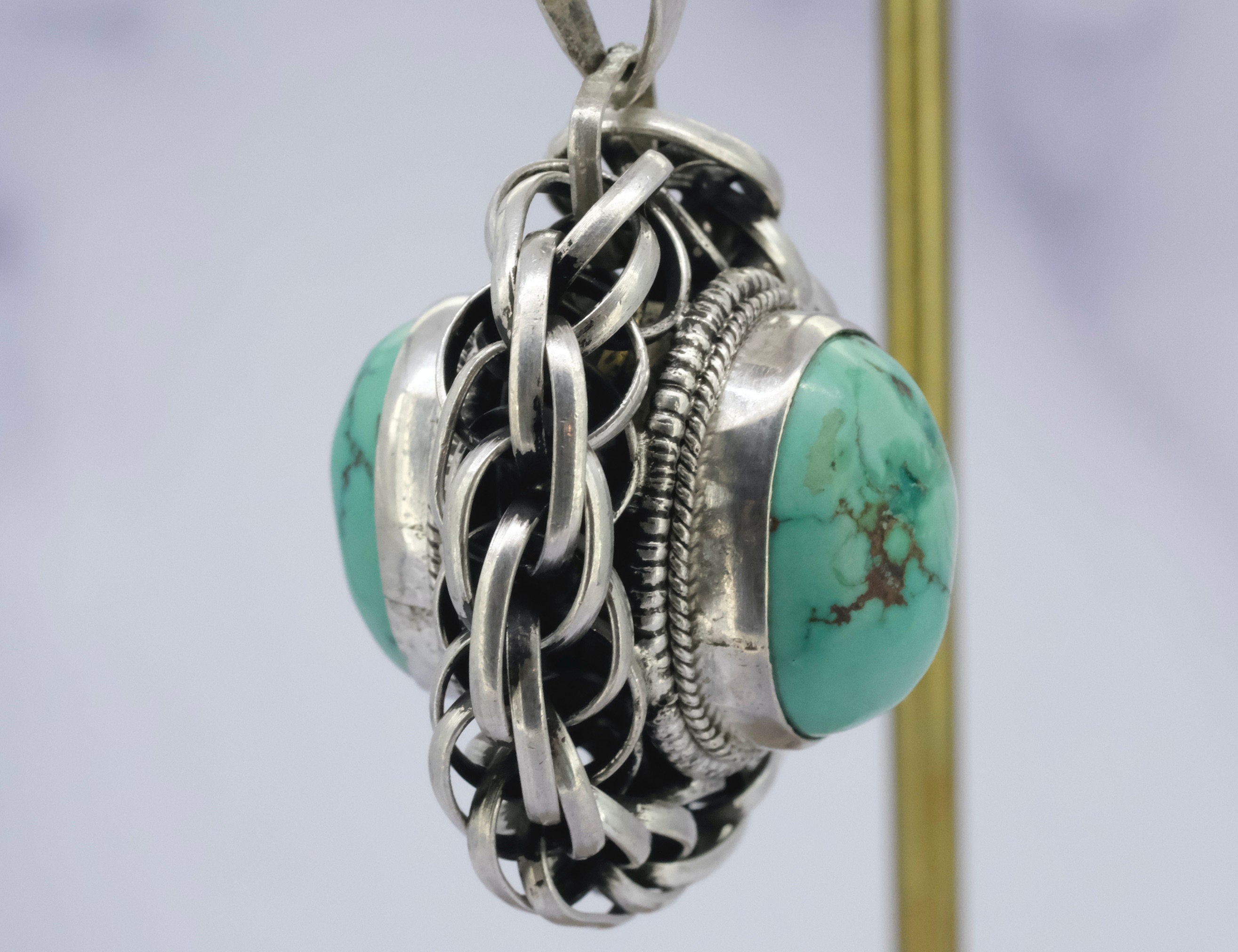 vintage large handmade double sided sterling silver and turquoise pendant