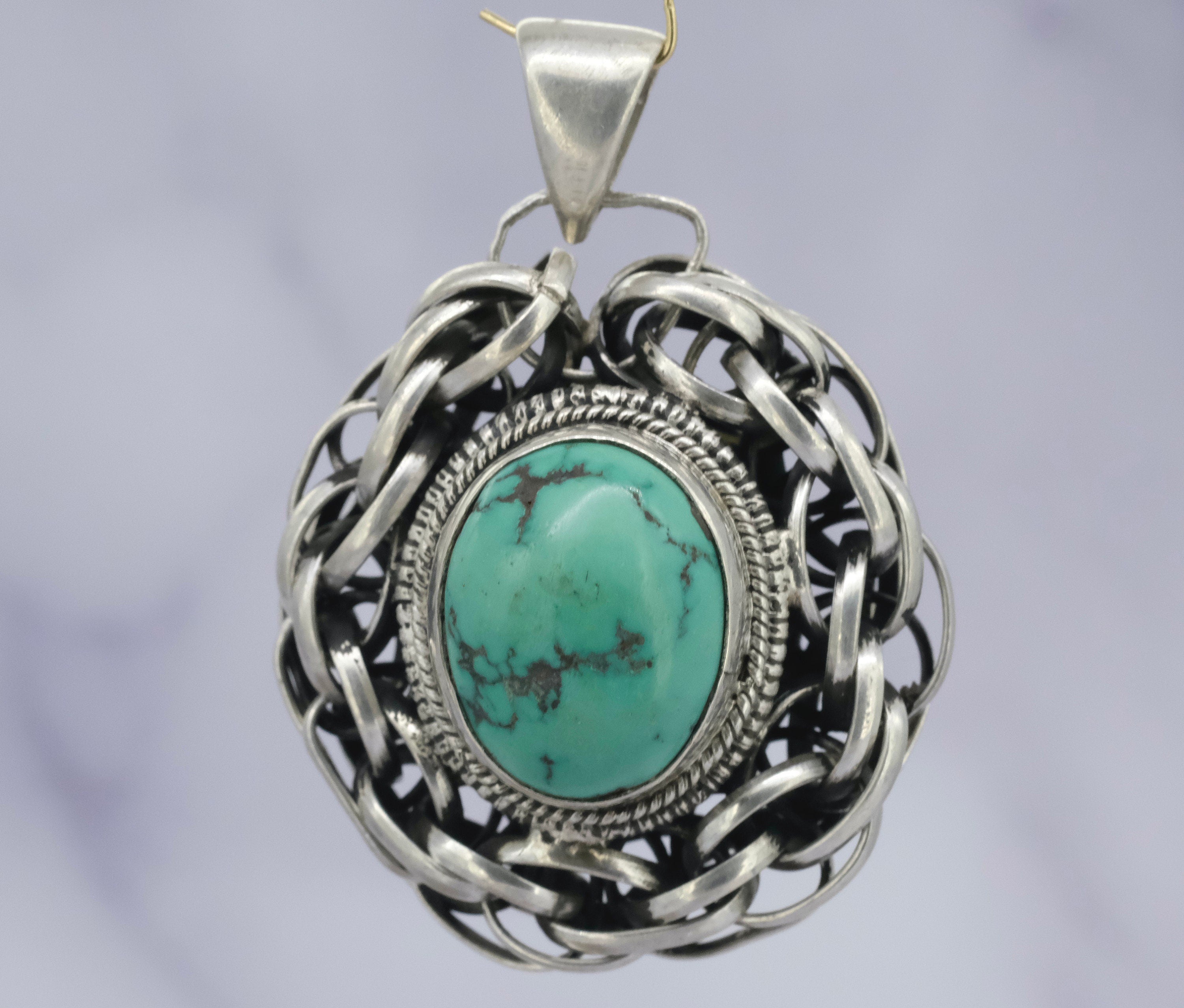 vintage large handmade double sided sterling silver and turquoise pendant