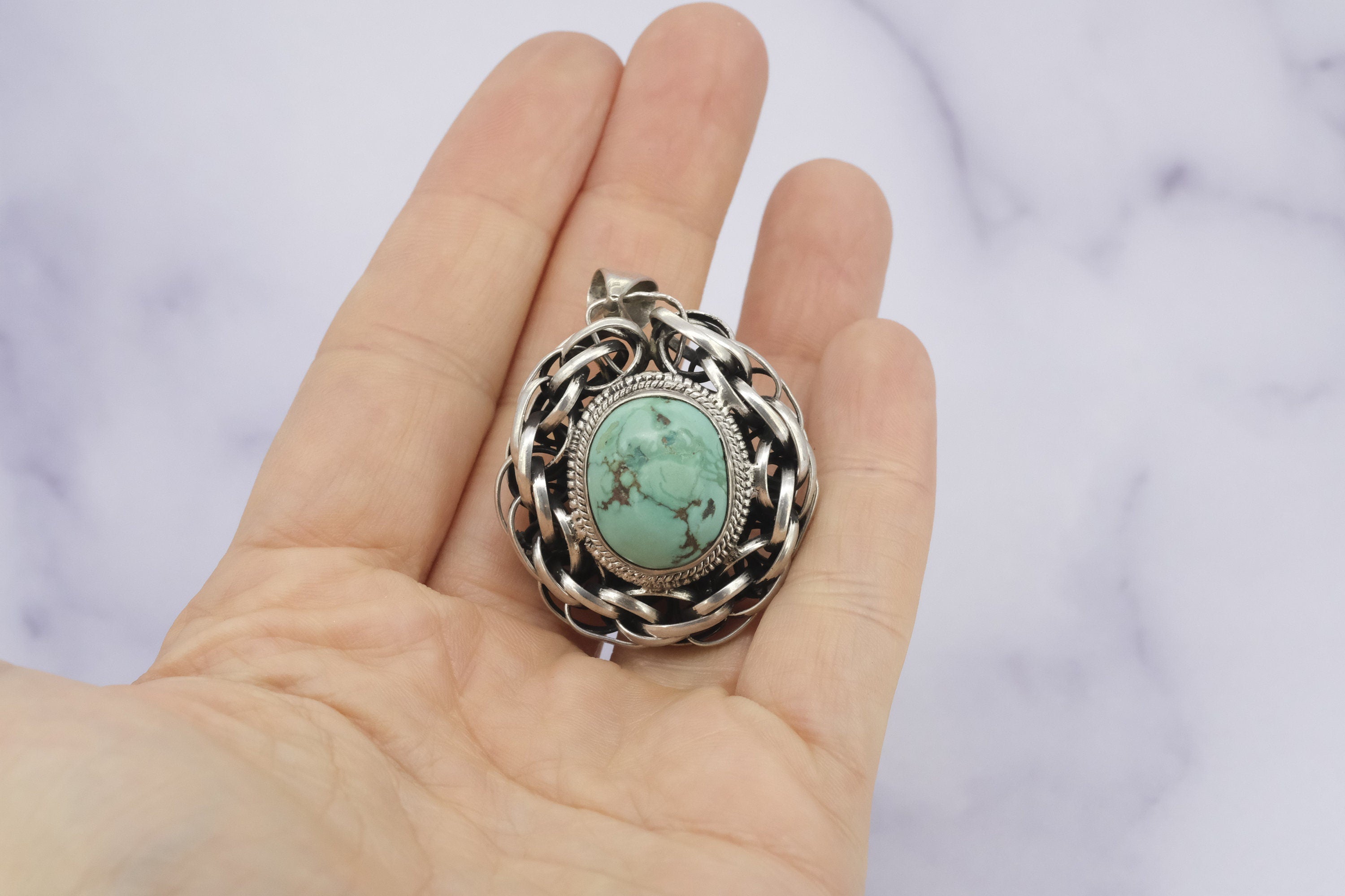 vintage large handmade double sided sterling silver and turquoise pendant