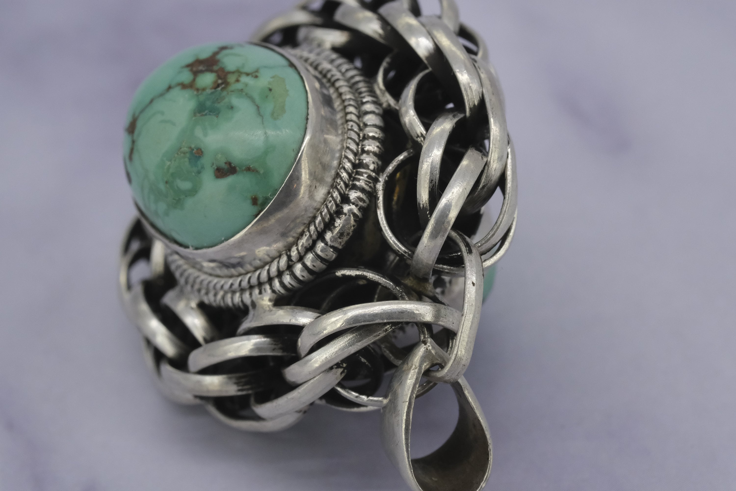 vintage large handmade double sided sterling silver and turquoise pendant