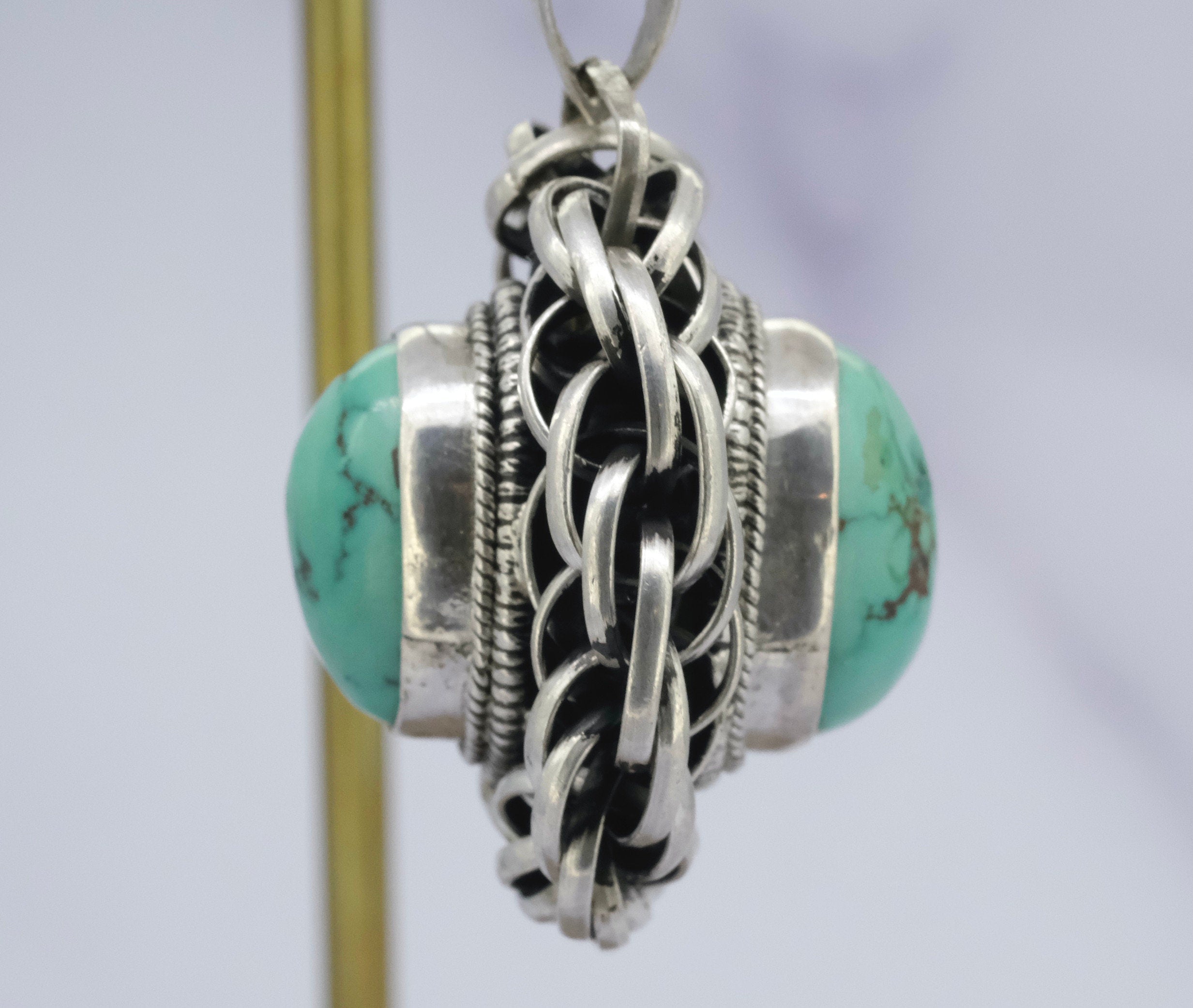 vintage large handmade double sided sterling silver and turquoise pendant