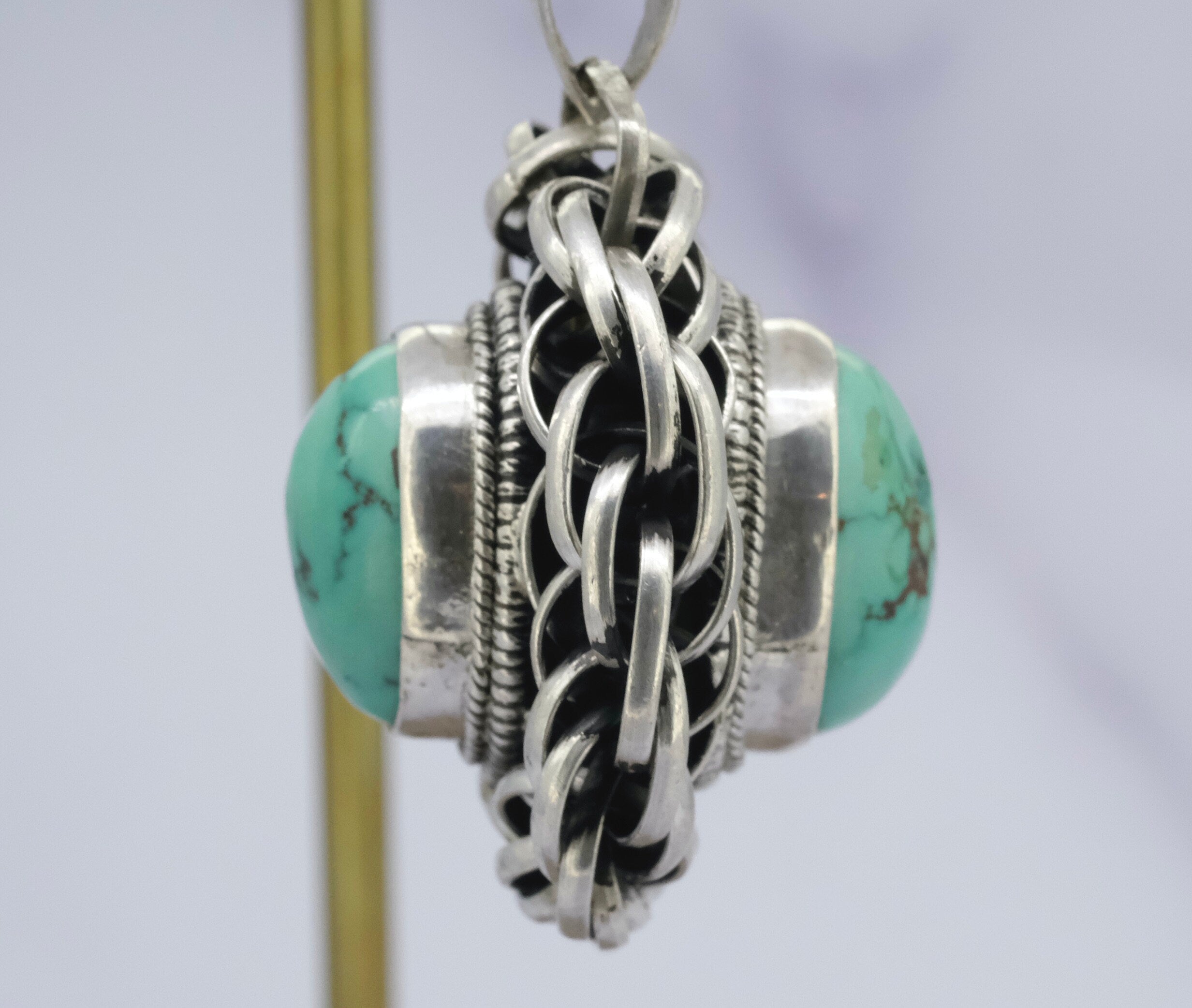 vintage large handmade double sided sterling silver and turquoise pendant