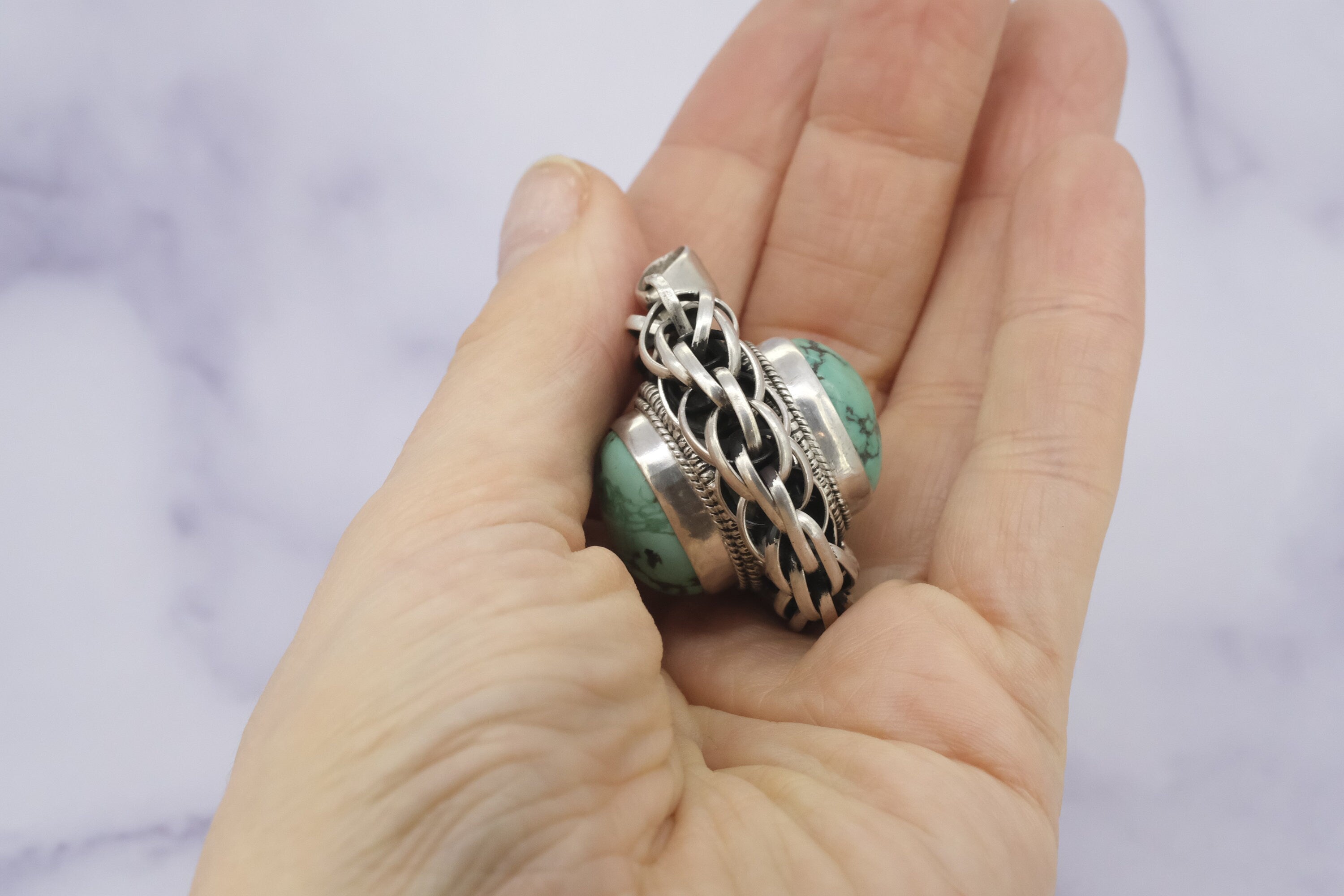vintage large handmade double sided sterling silver and turquoise pendant