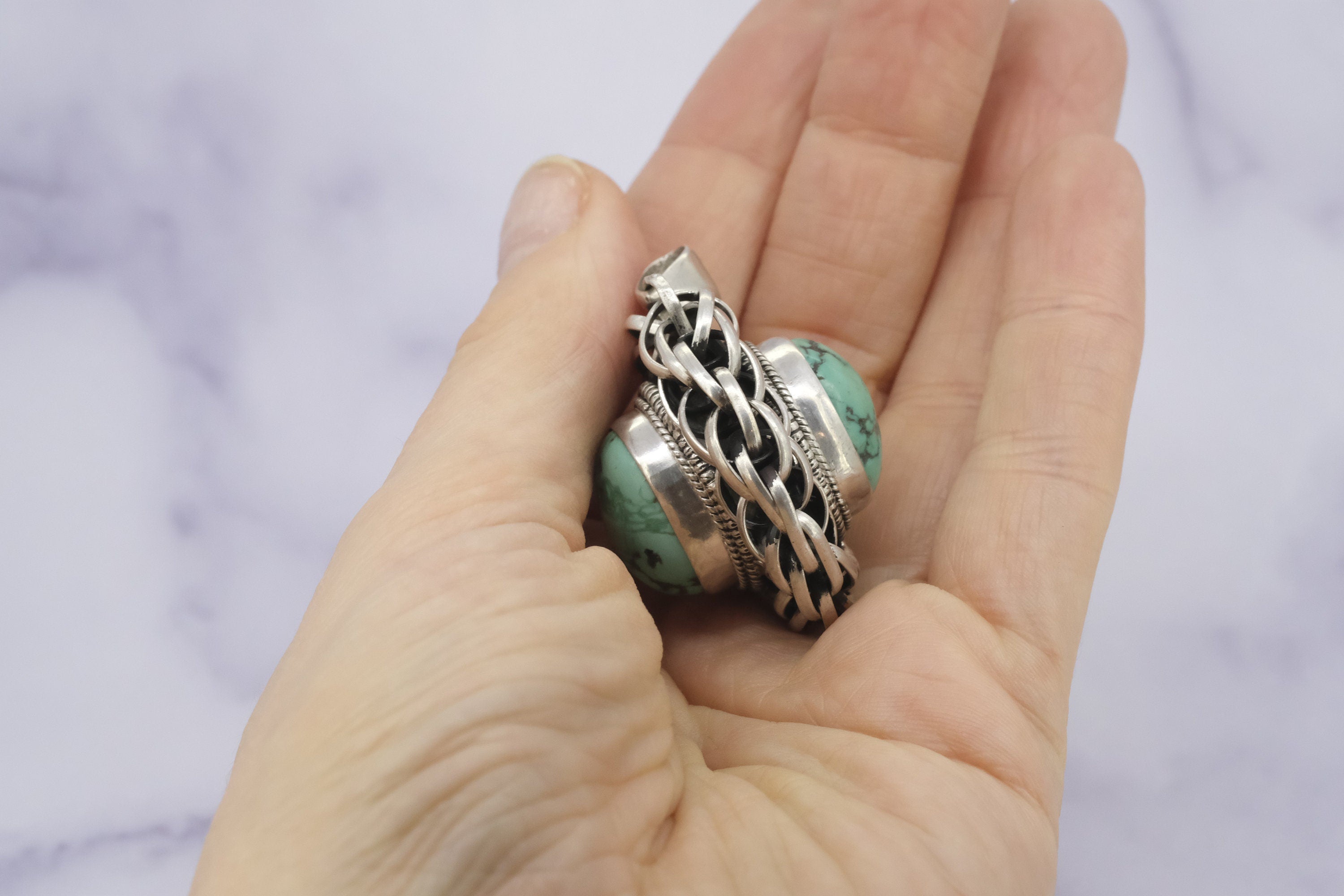 vintage large handmade double sided sterling silver and turquoise pendant