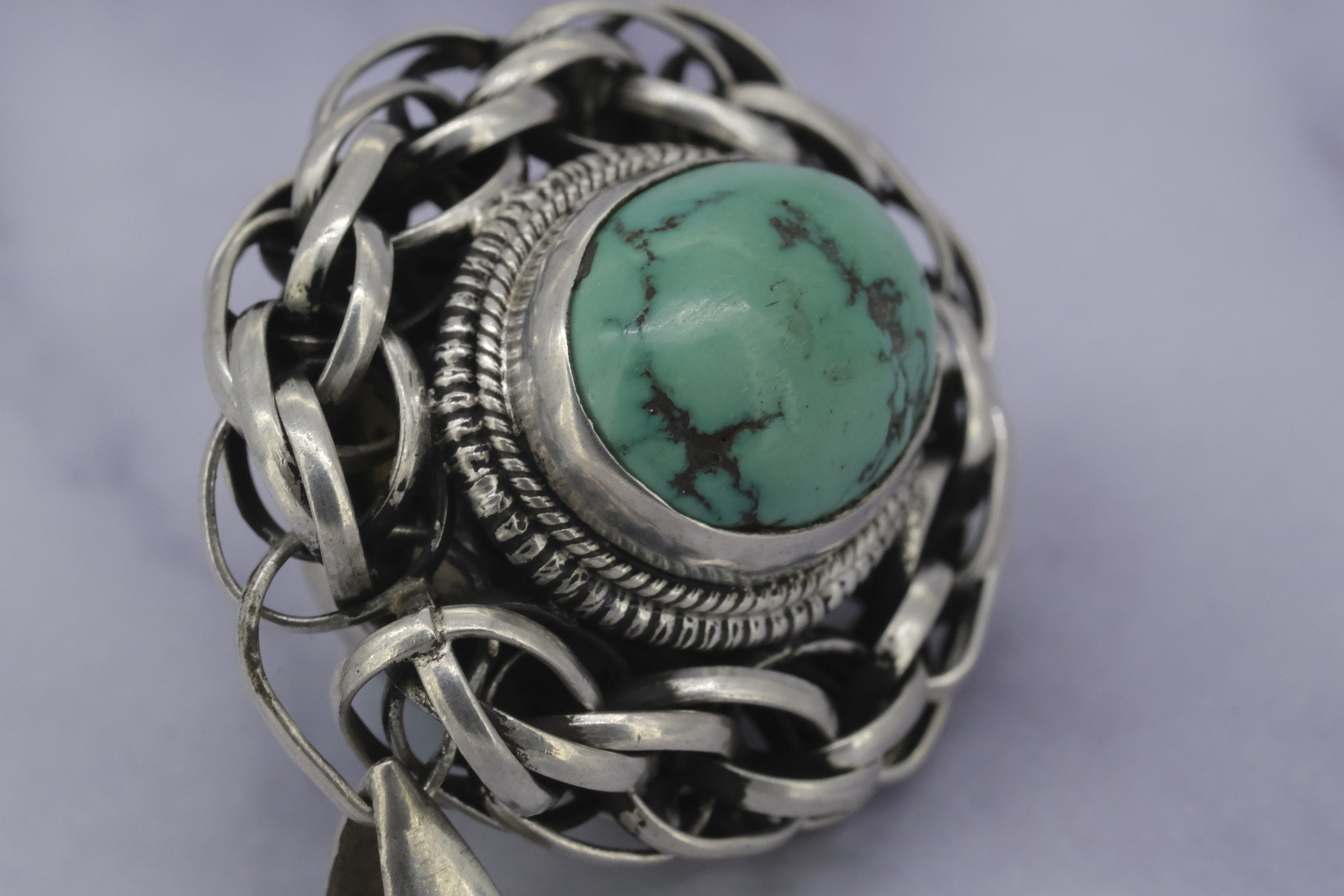 vintage large handmade double sided sterling silver and turquoise pendant