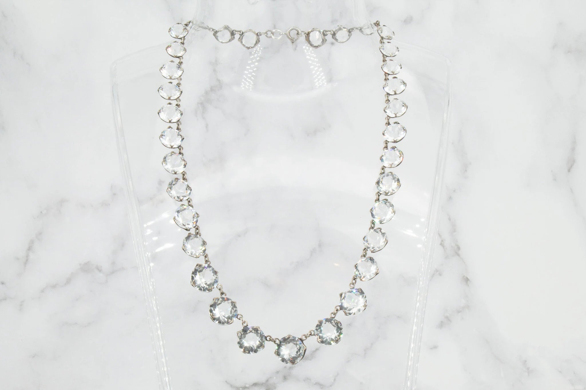 Antique Art Deco riviere crystal graduated choker necklace, open back prong set