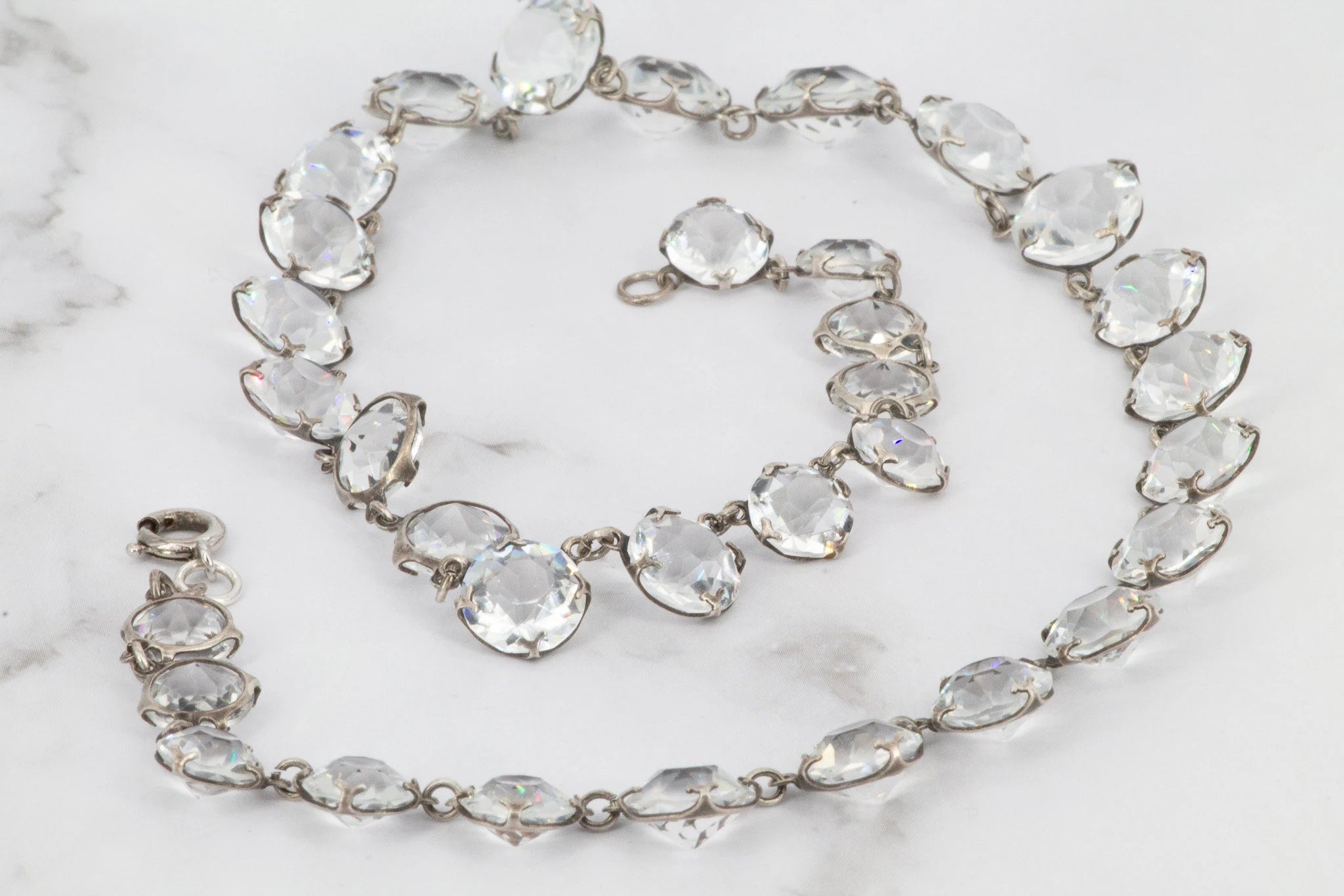 Antique Art Deco riviere crystal graduated choker necklace, open back prong set