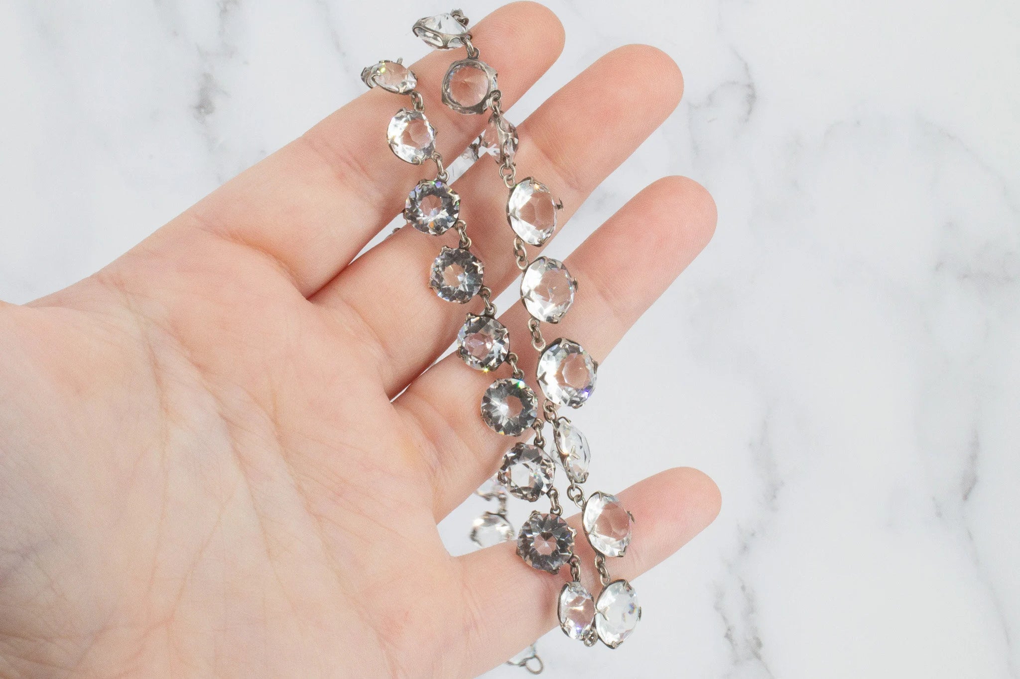 Antique Art Deco riviere crystal graduated choker necklace, open back prong set