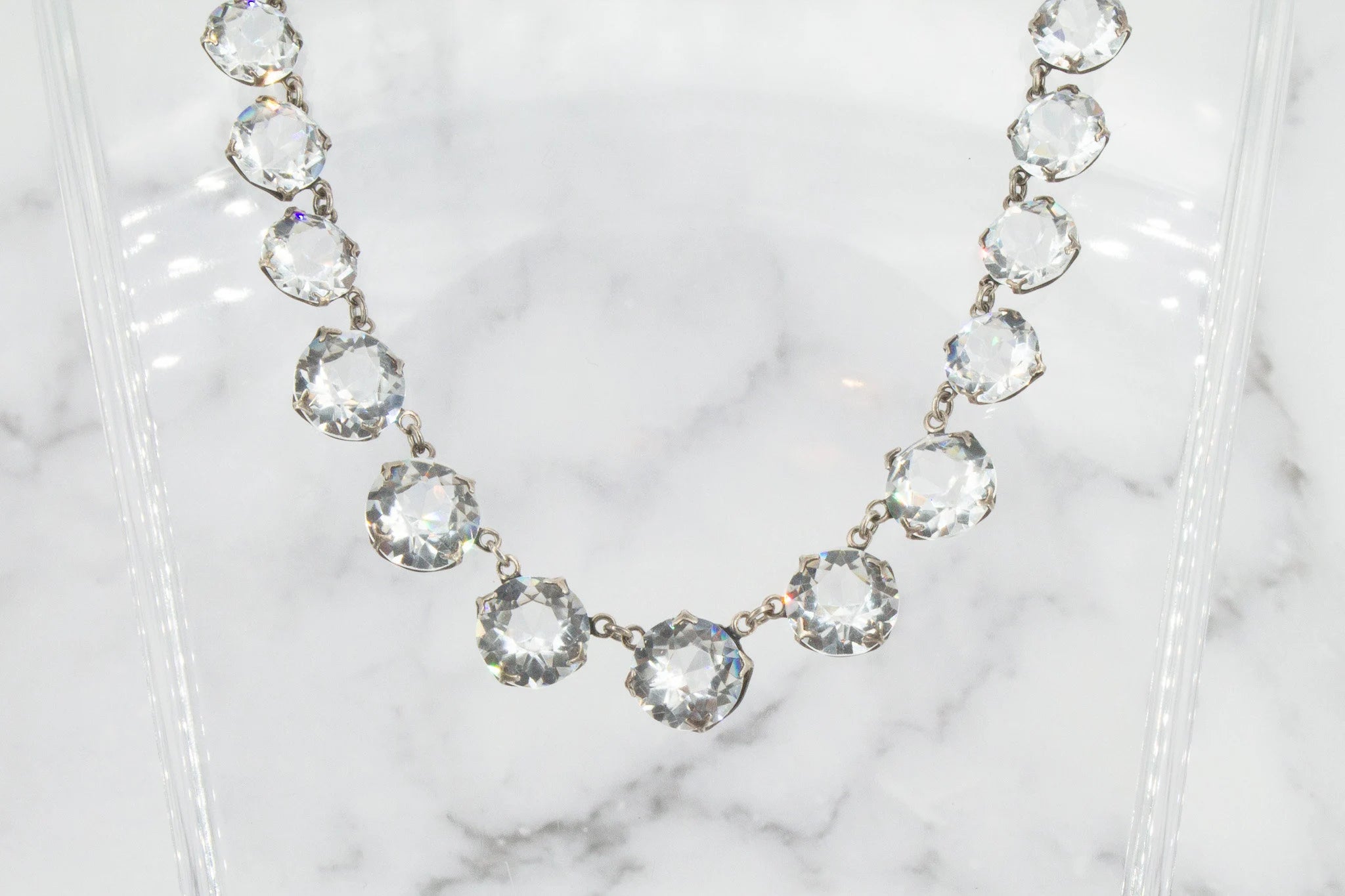 Antique Art Deco riviere crystal graduated choker necklace, open back prong set