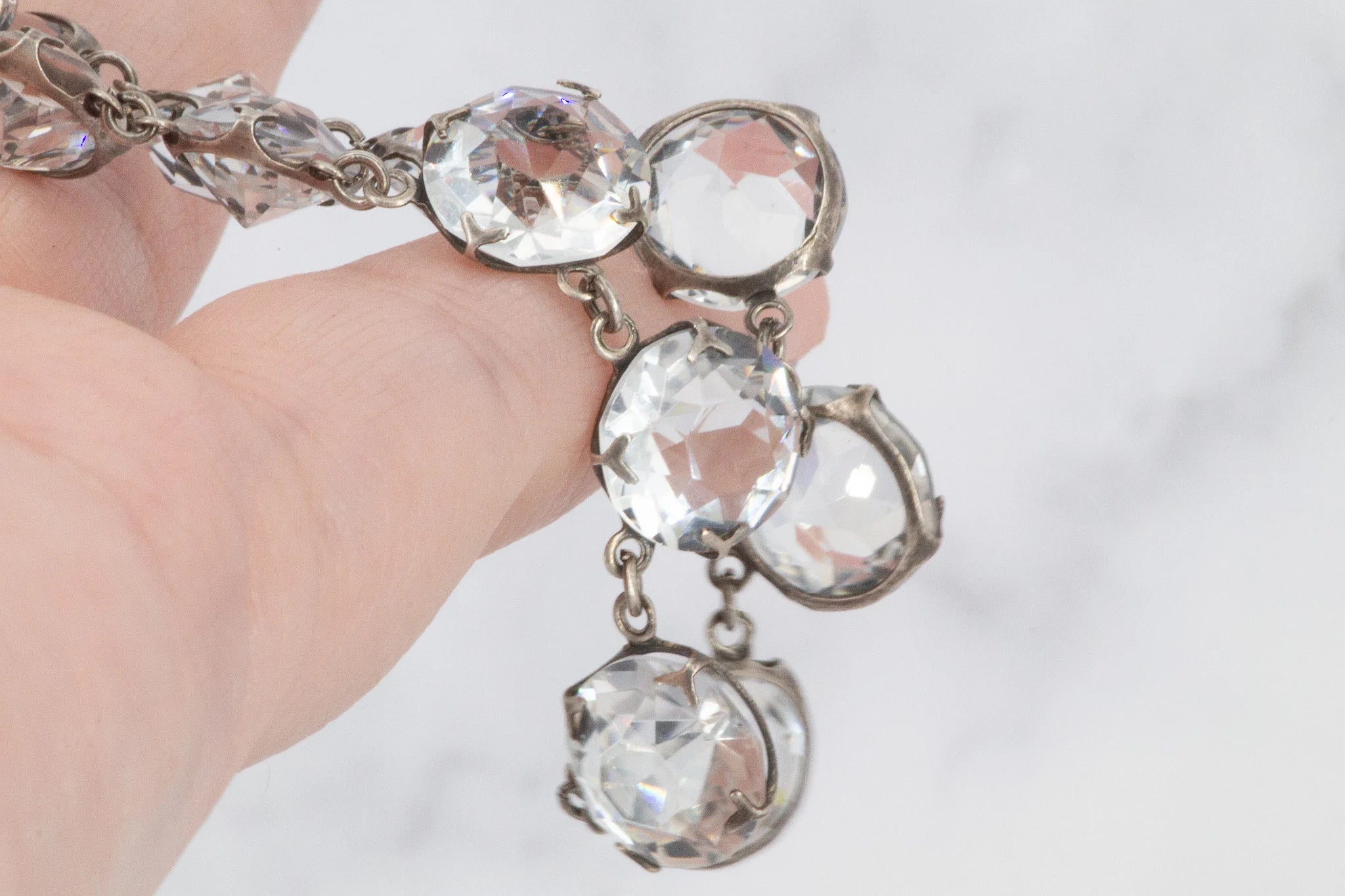 Antique Art Deco riviere crystal graduated choker necklace, open back prong set