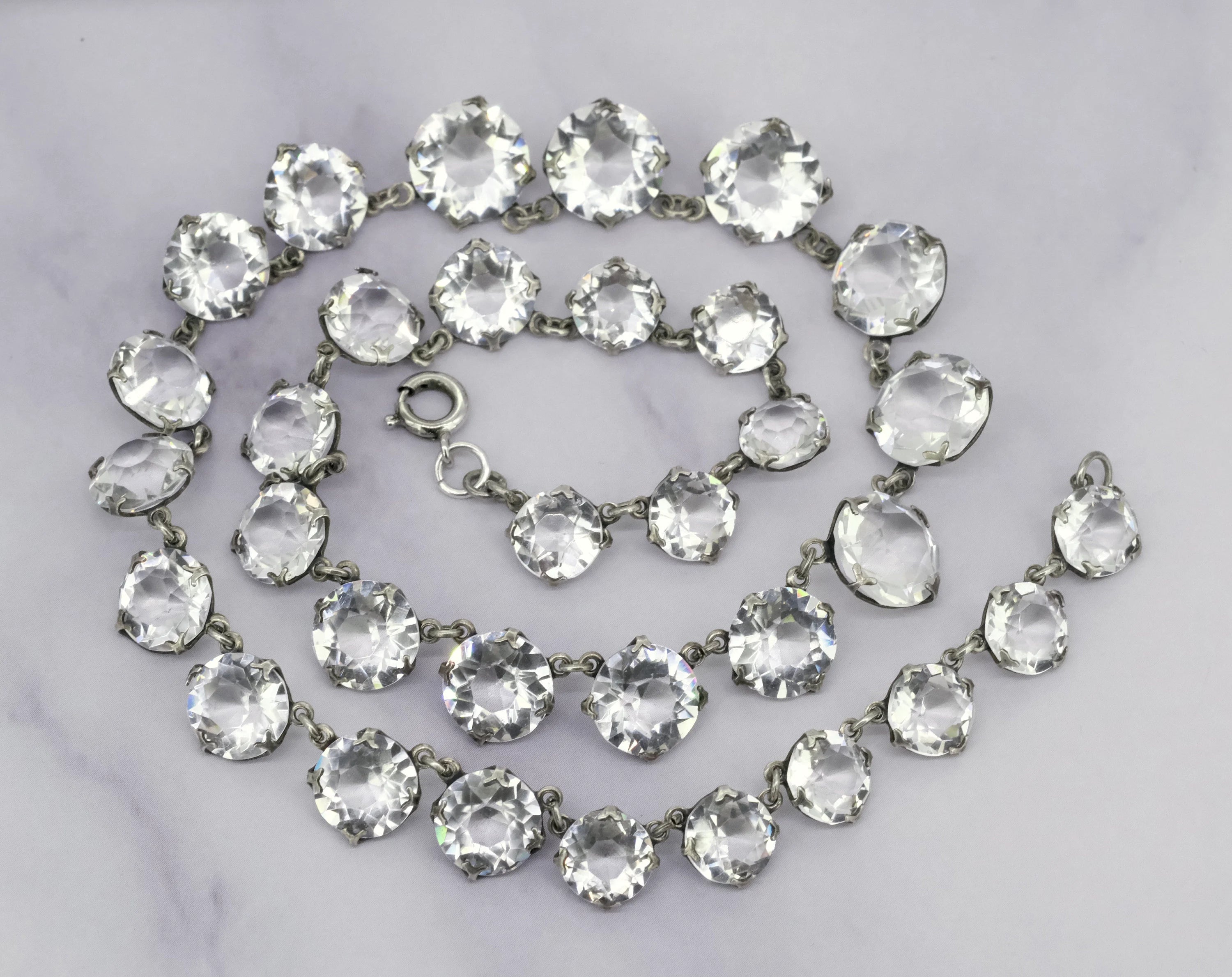 Antique Art Deco riviere crystal graduated choker necklace, open back prong set