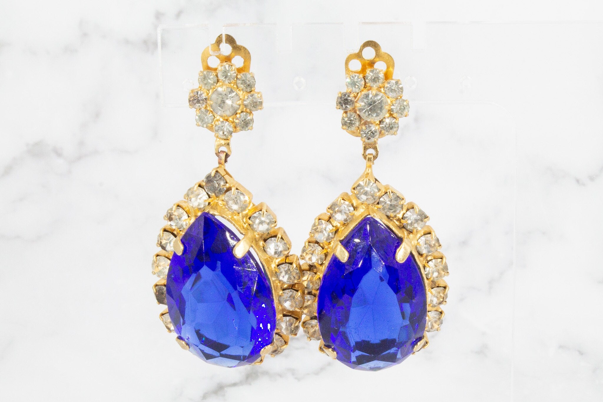 Vintage Massive Gold-tone Sapphire Crystal Drop Clip On Earrings