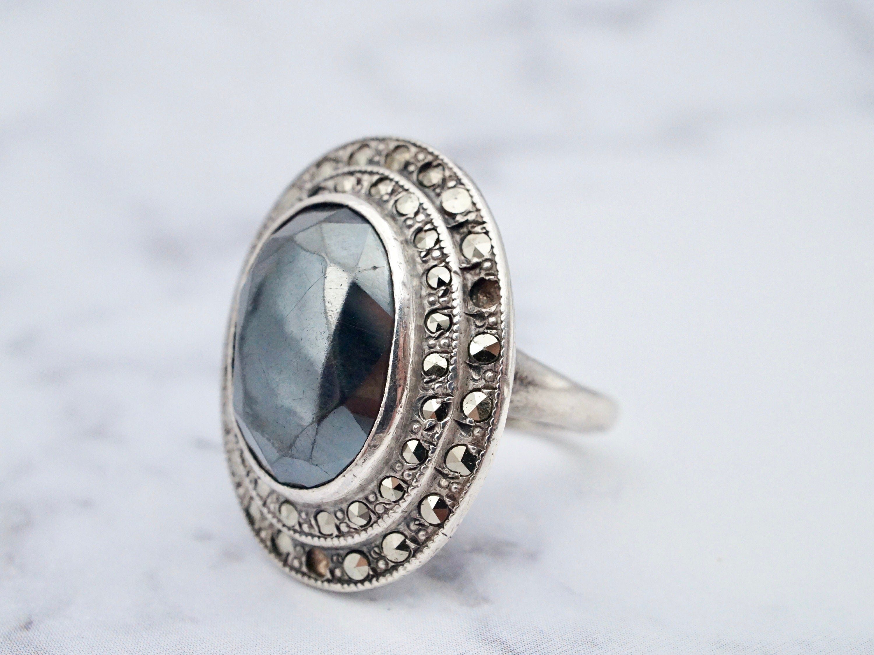 Antique Deco Uncas sterling, marcasite, & hematite ring, size 4.25
