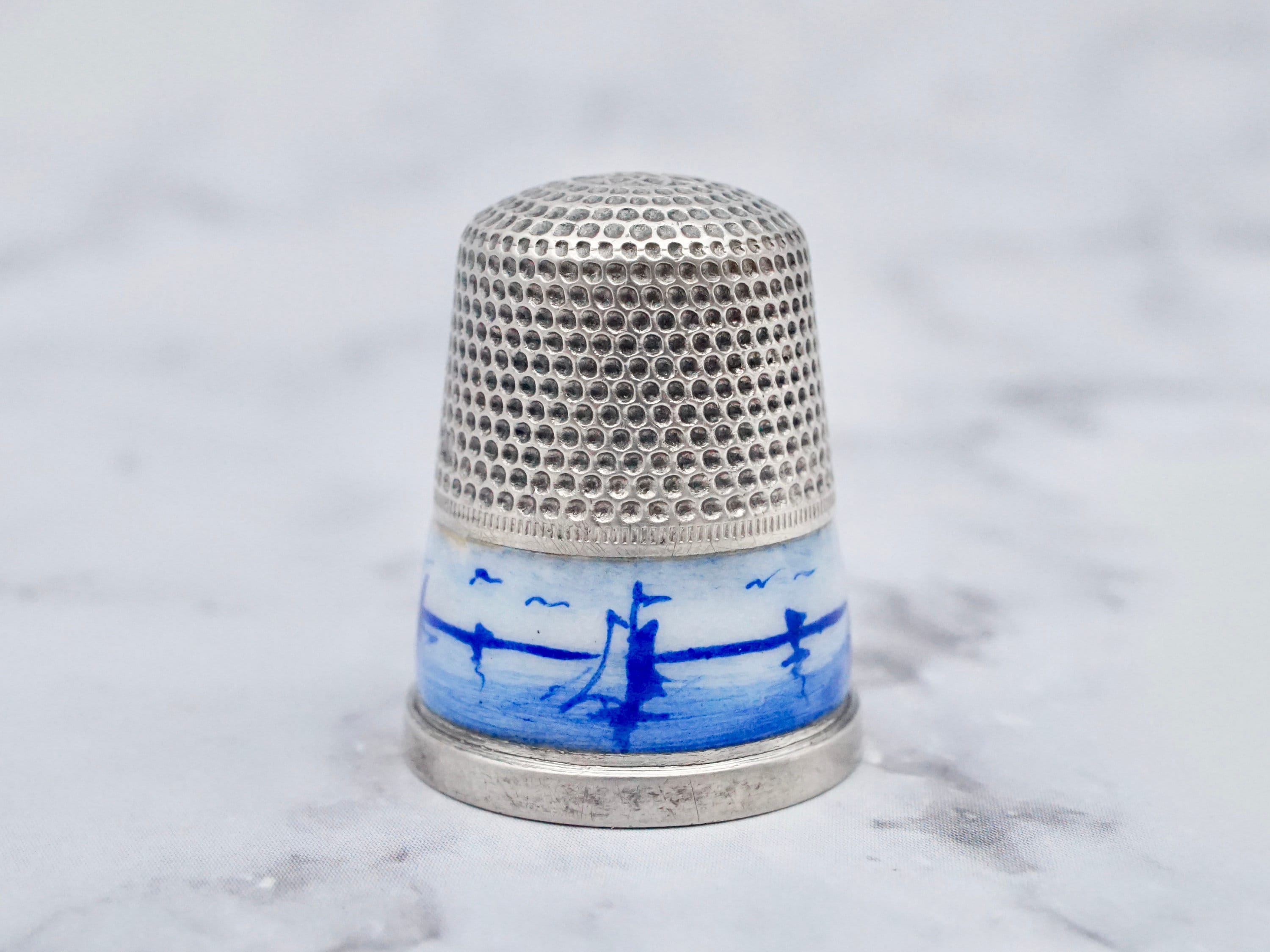 Antique Victorian .935 silver thimble w/ Dutch Delft enamel